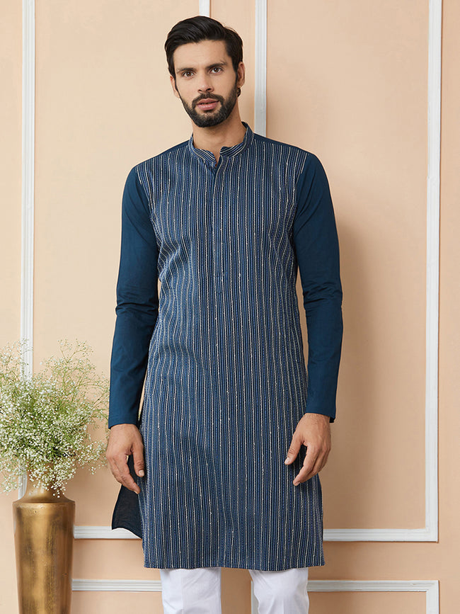 Men Dark Blue Thread & Sequin Worked Pure Cotton Straight Kurta