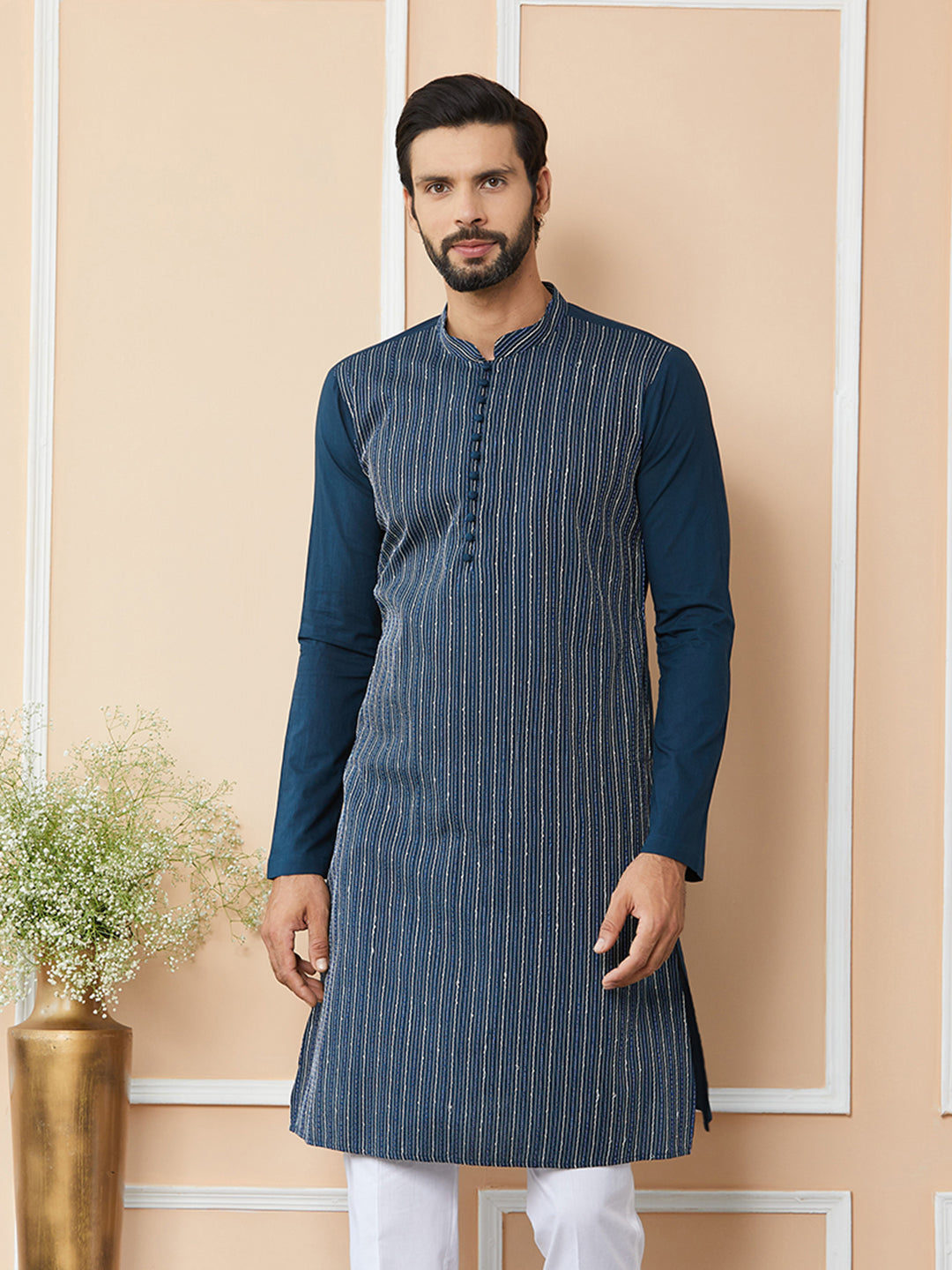 Men Dark Blue Thread & Sequin Worked Pure Cotton Straight Kurta