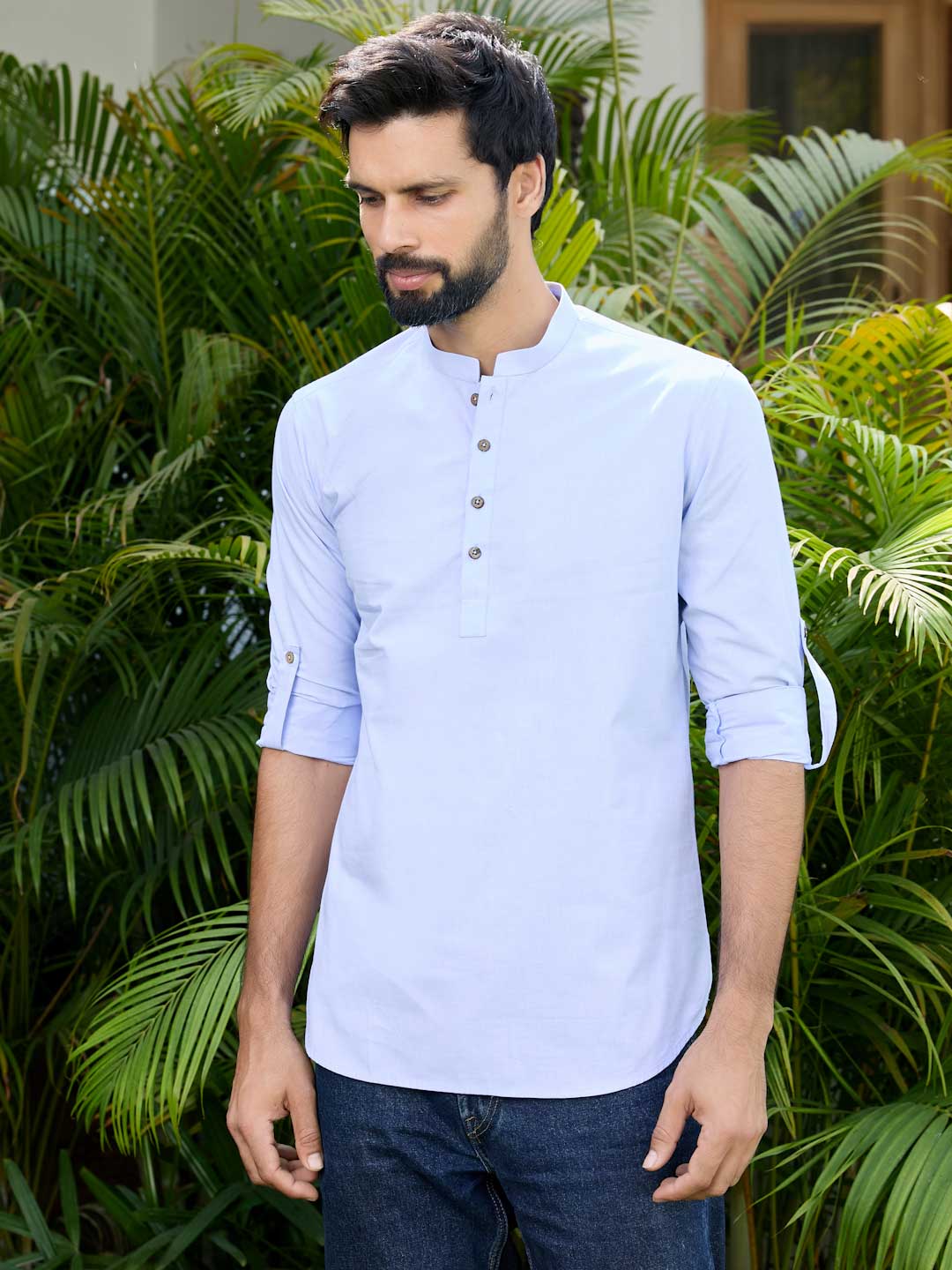 Men Blue Solid Cotton Short Kurta