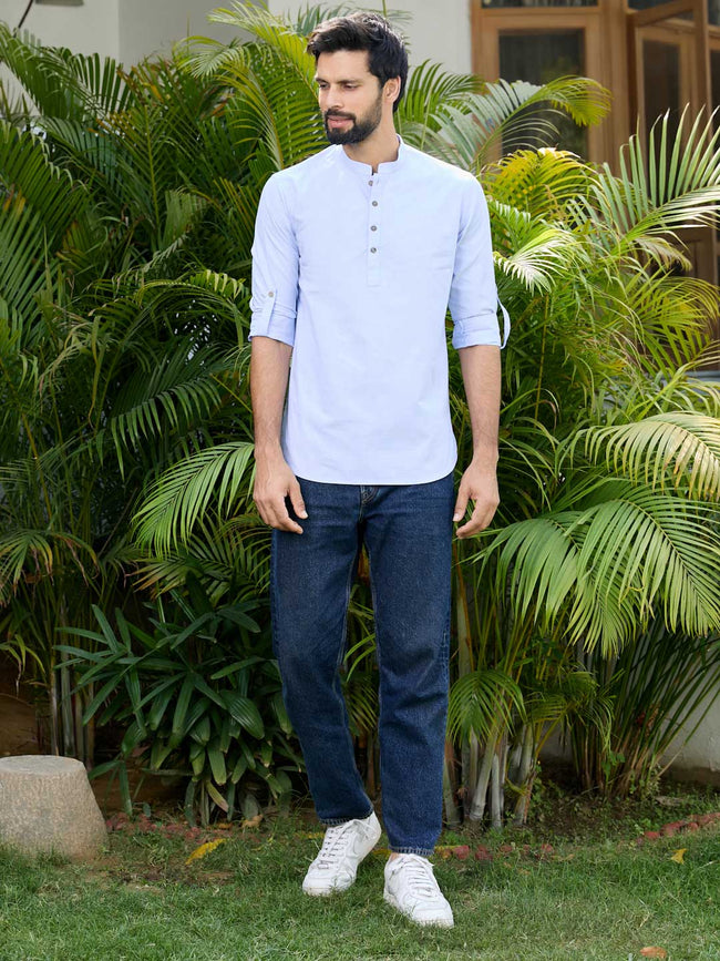 Men Blue Solid Cotton Short Kurta