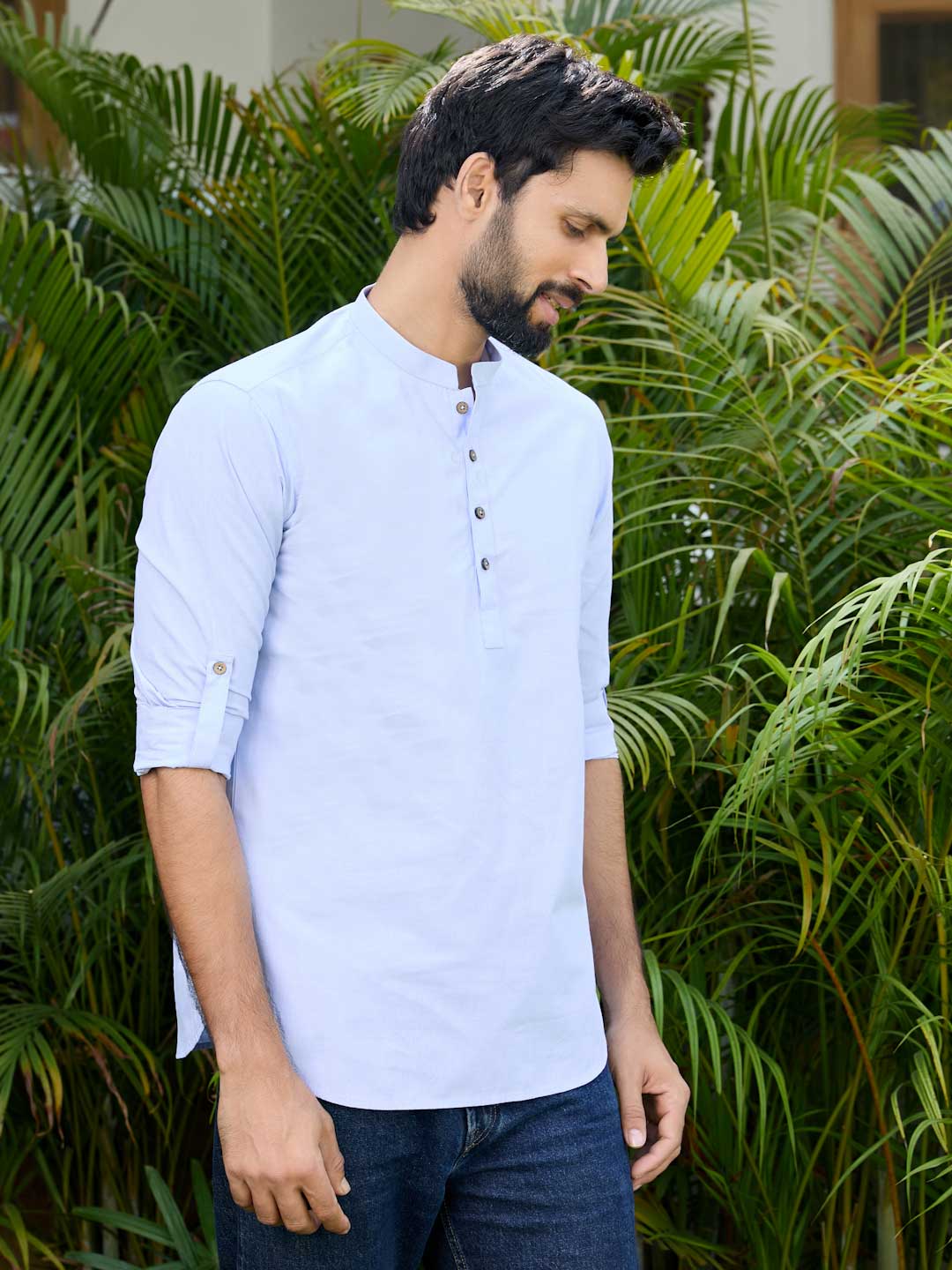 Men Blue Solid Cotton Short Kurta