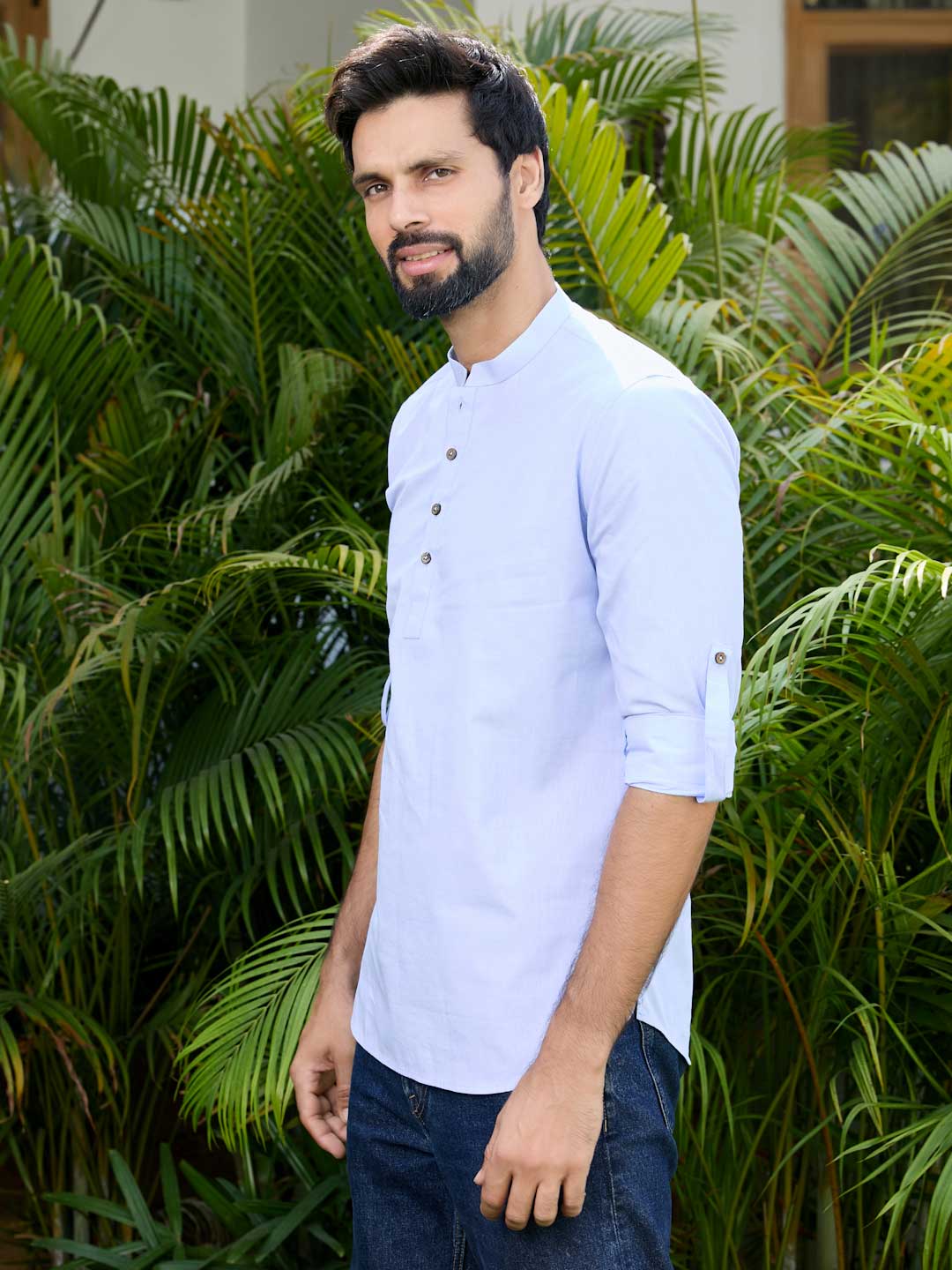 Men Blue Solid Cotton Short Kurta
