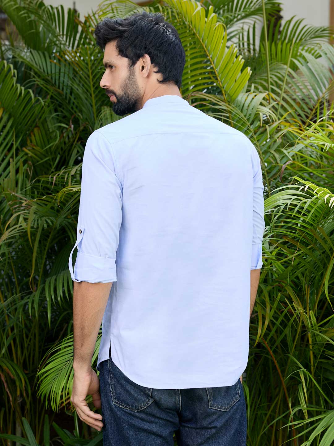 Men Blue Solid Cotton Short Kurta
