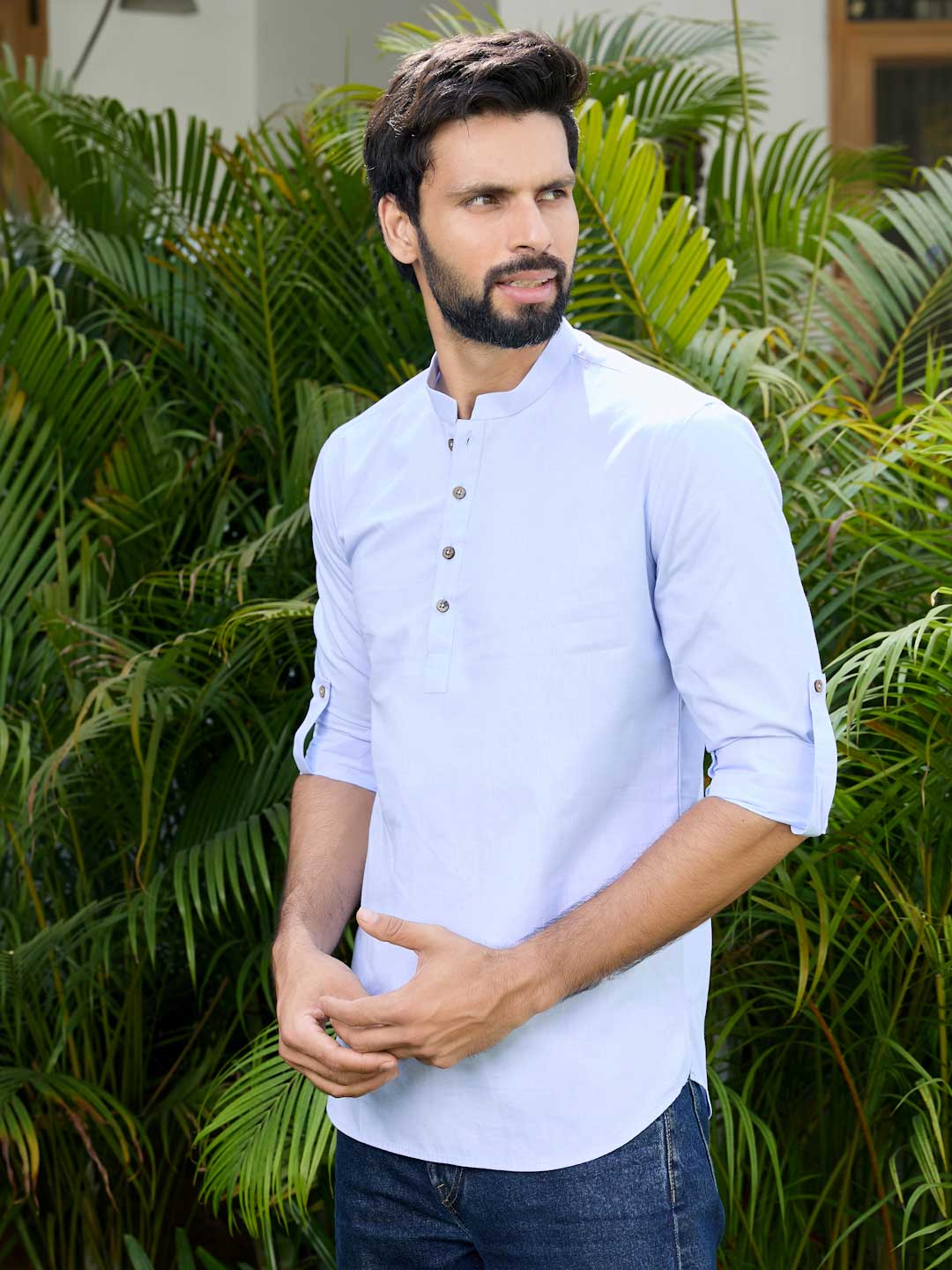 Men Blue Solid Cotton Short Kurta