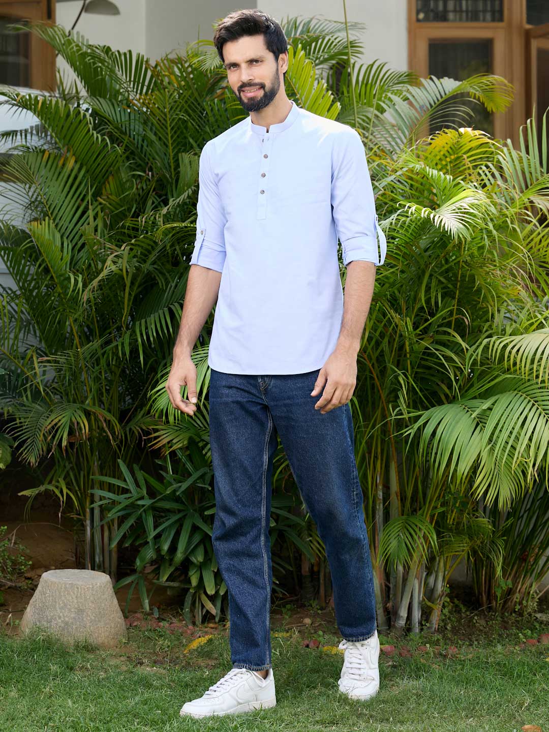 Men Blue Solid Cotton Short Kurta