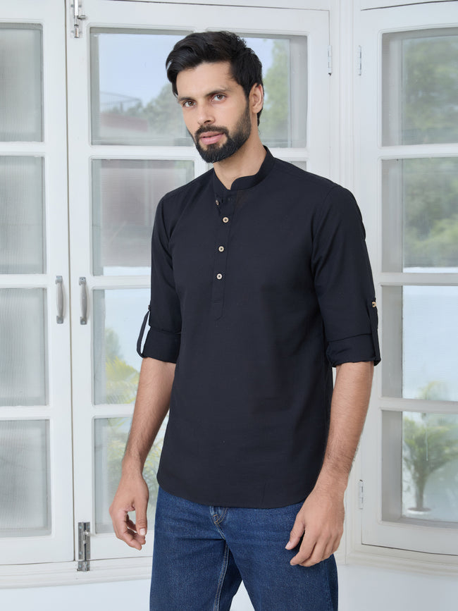 Men Black Pure Cotton Slub Short Kurta