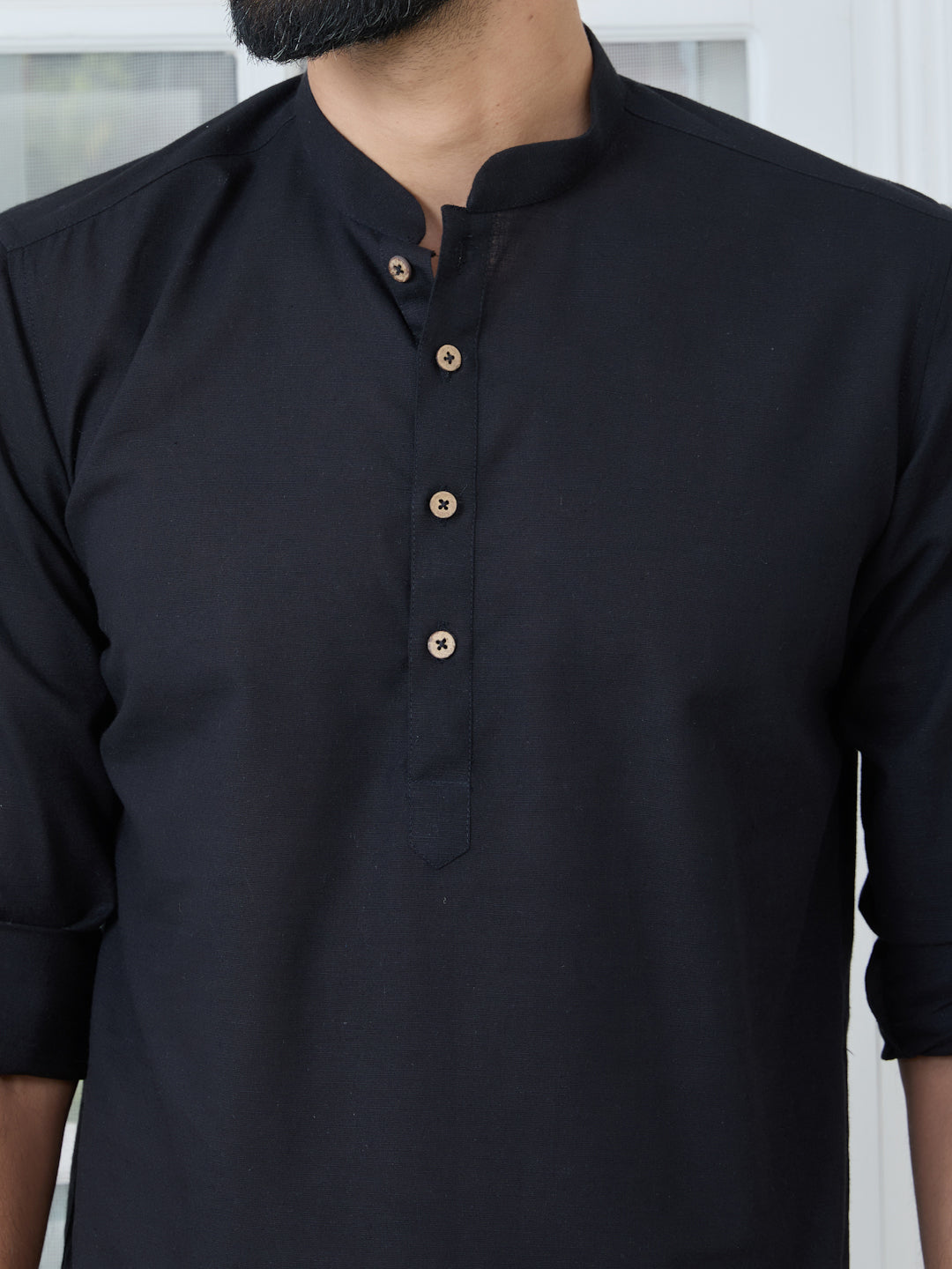 Men Black Pure Cotton Slub Short Kurta