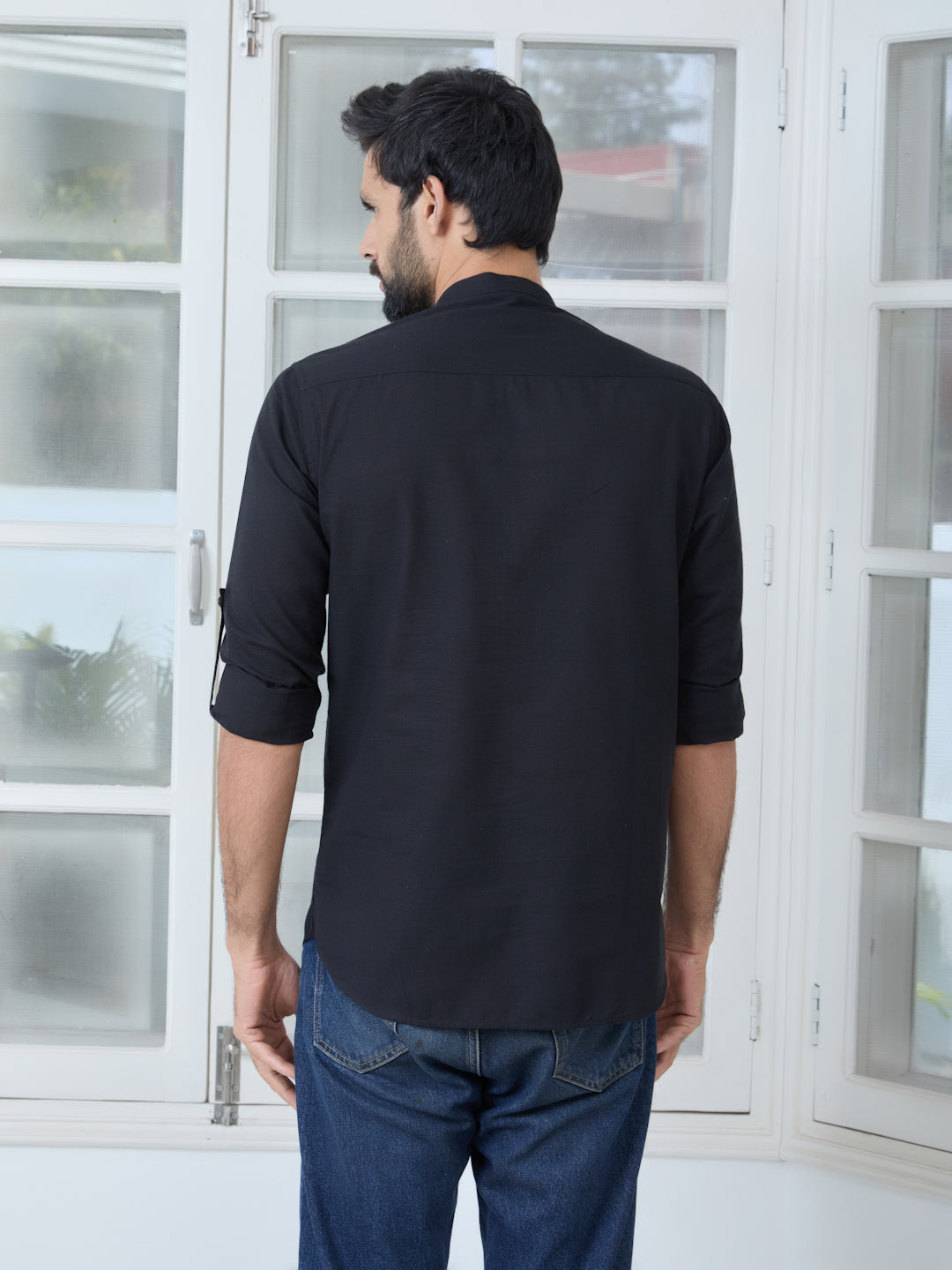 Men Black Pure Cotton Slub Short Kurta