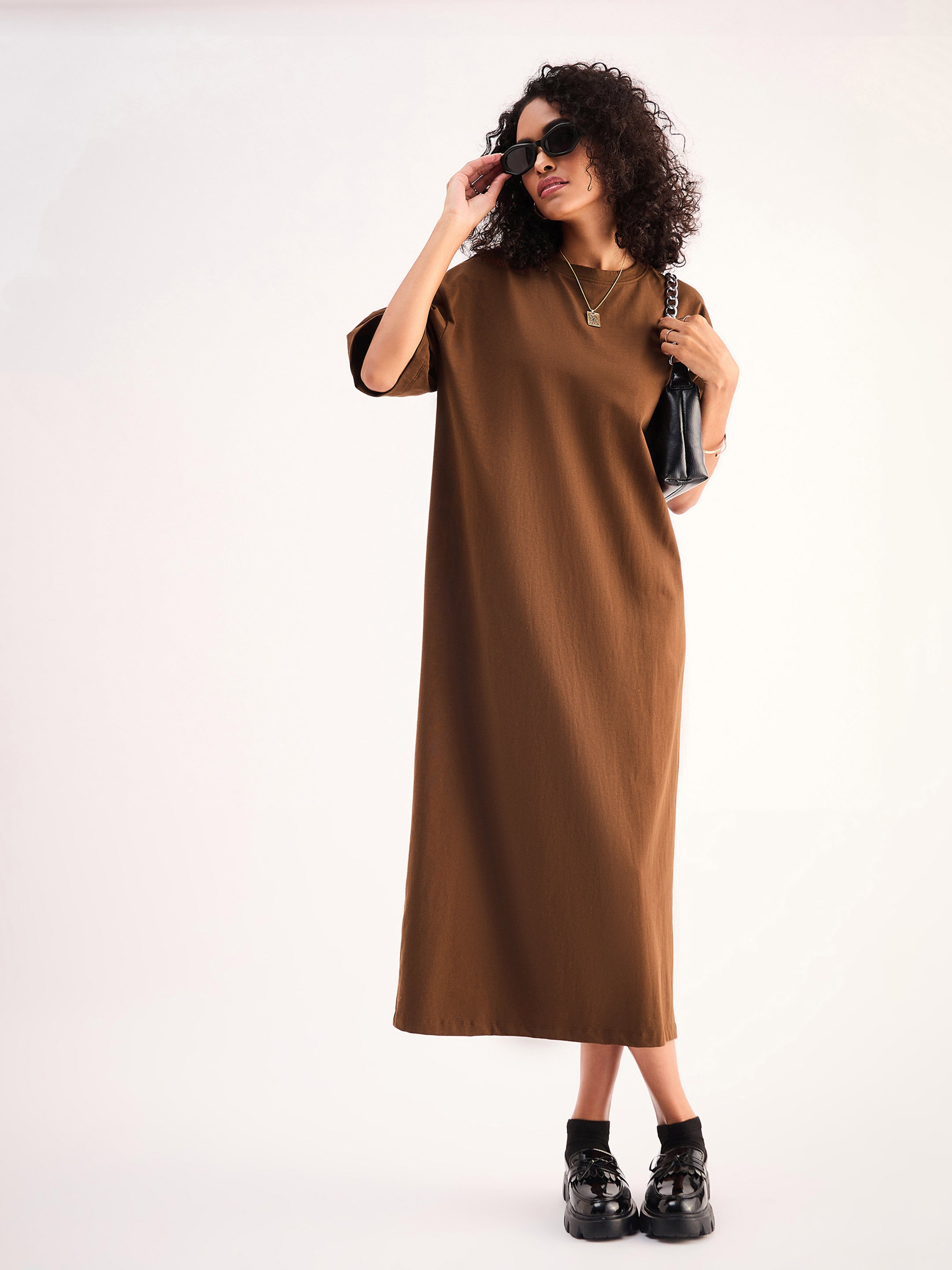 Women Brown Oversized T-Shirt Dress FYVA Women Brown Oversized T-Shirt Dress FYVA