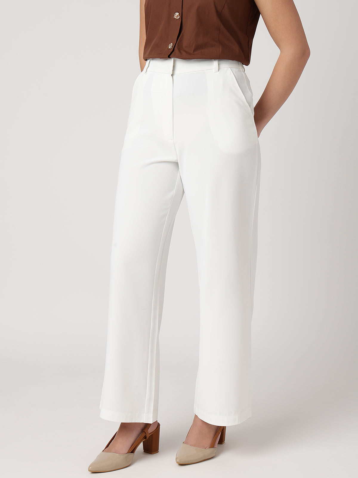 Women White Wide Leg Trousers