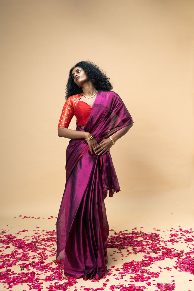 YATRIKA I Purple handwoven tissue saree with red border