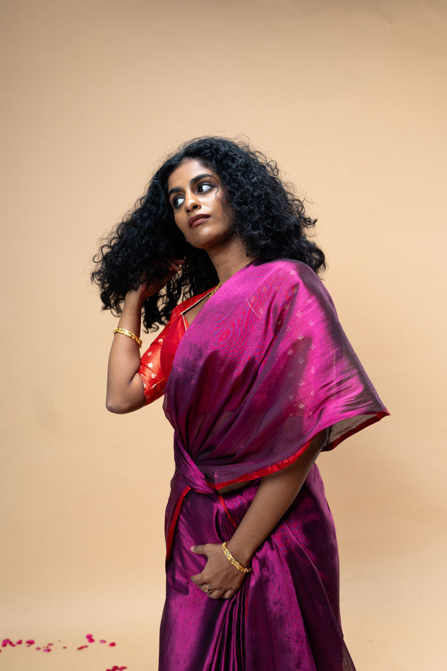 YATRIKA I Purple handwoven tissue saree with red border