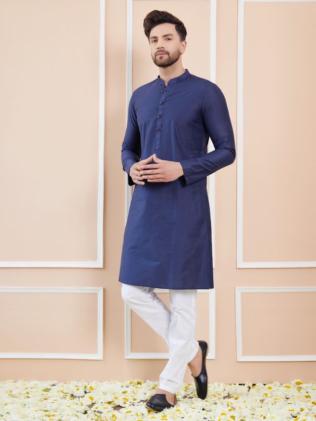 Men Blue Cotton Solid Straight Kurta