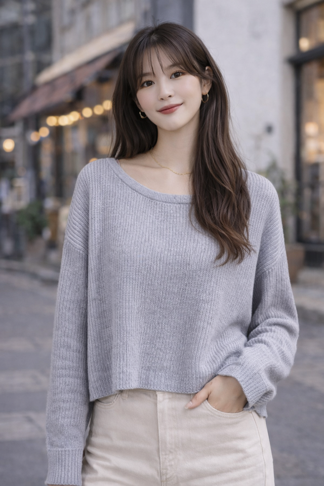 Women Grey Knitted Acrylic Sweater
