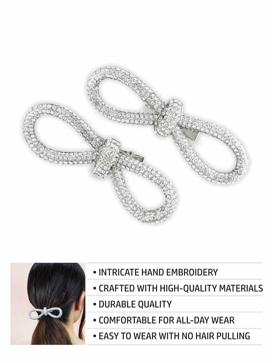 Women Silver Crystal Hair Bow Alligator Clip