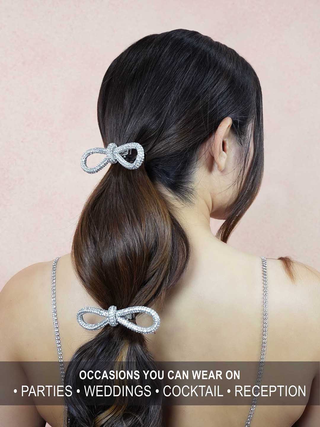 Women Silver Crystal Hair Bow Alligator Clip