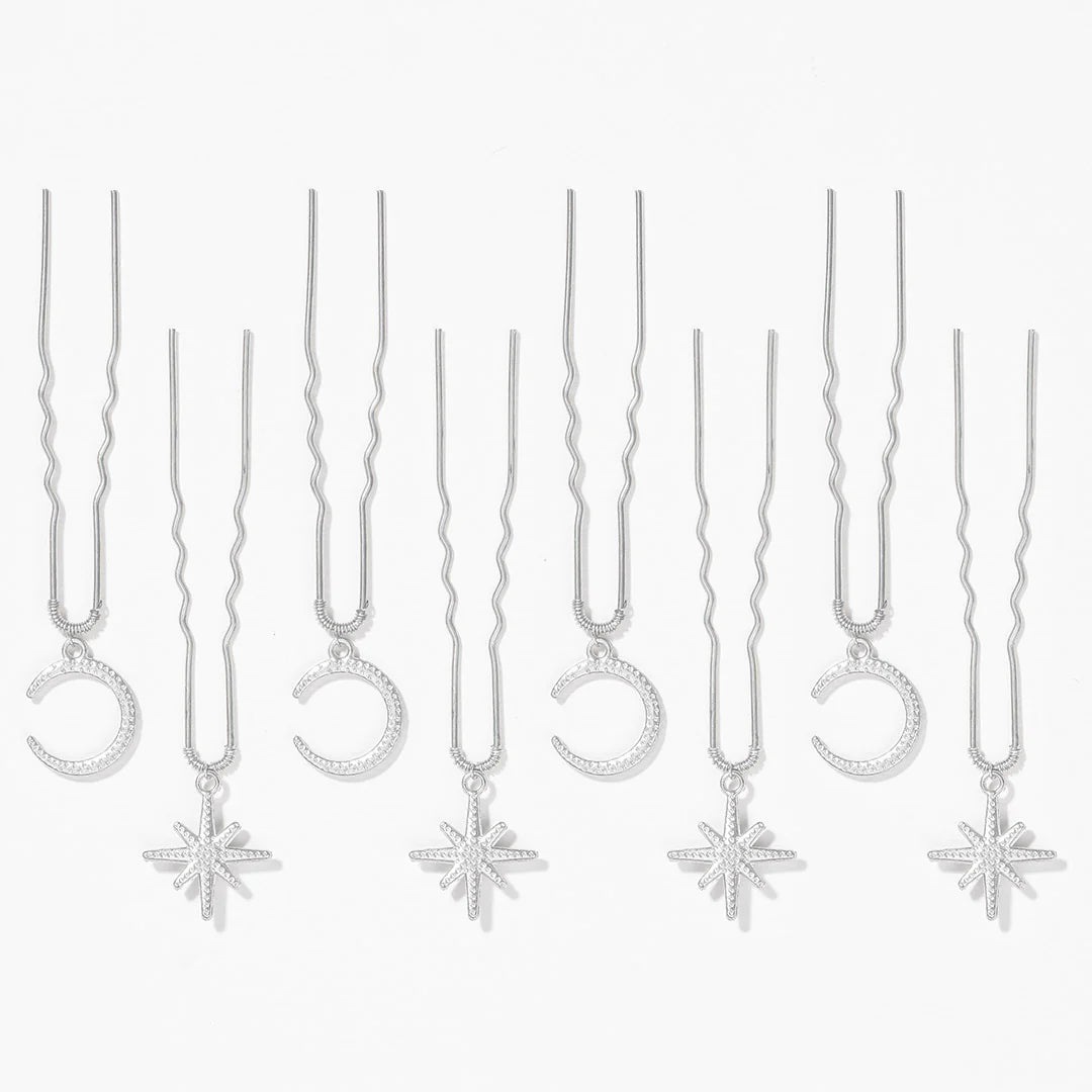Celestia Silver Star & Moon Hair Pins - Set of 8