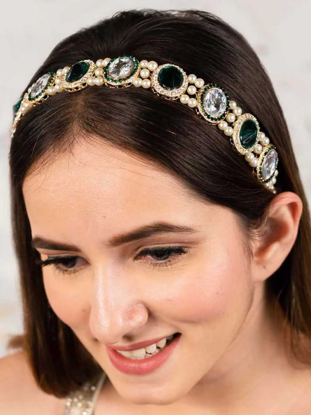 Women Green Hair Band With Pearls And Crystals