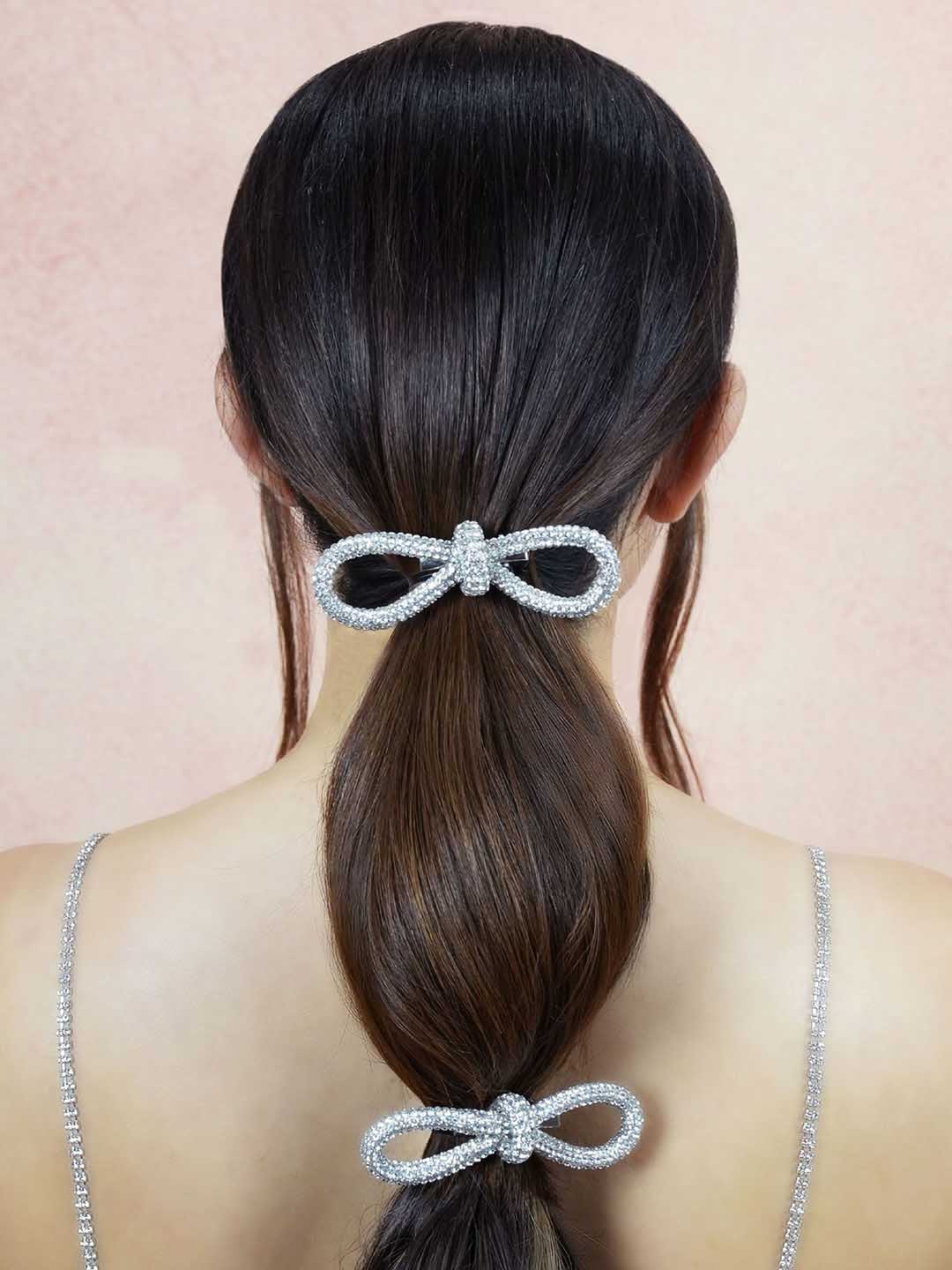 Women Silver Crystal Hair Bow Alligator Clip