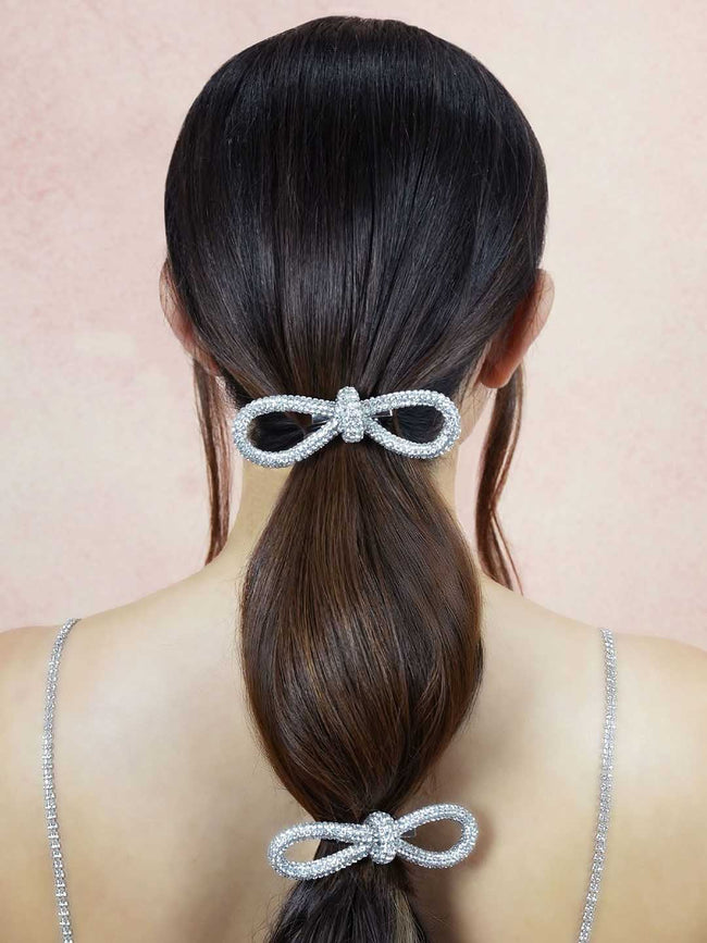 Women Silver Crystal Hair Bow Alligator Clip