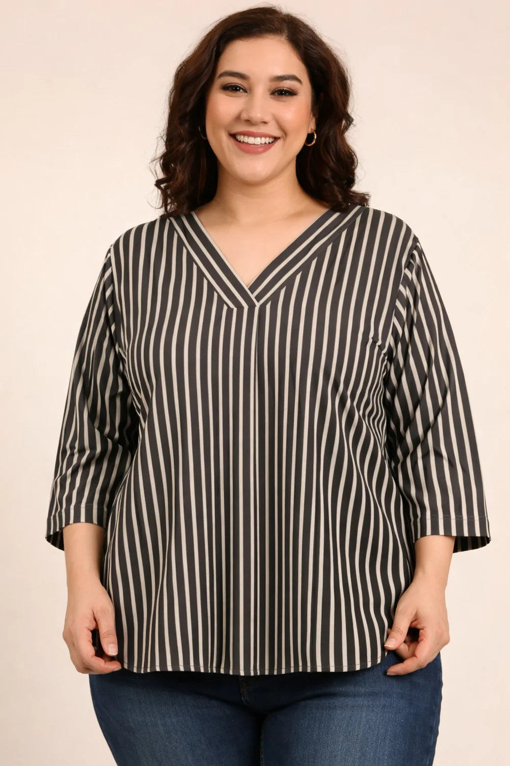 Women Olive Striped V-Neck Top