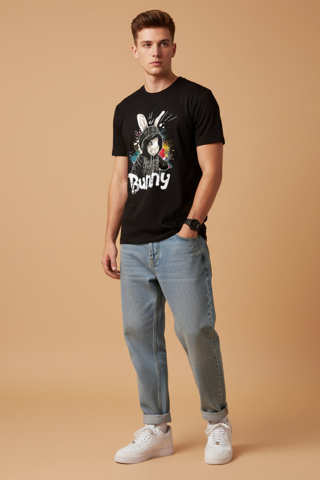 Men Printed Black Cotton Tshirt