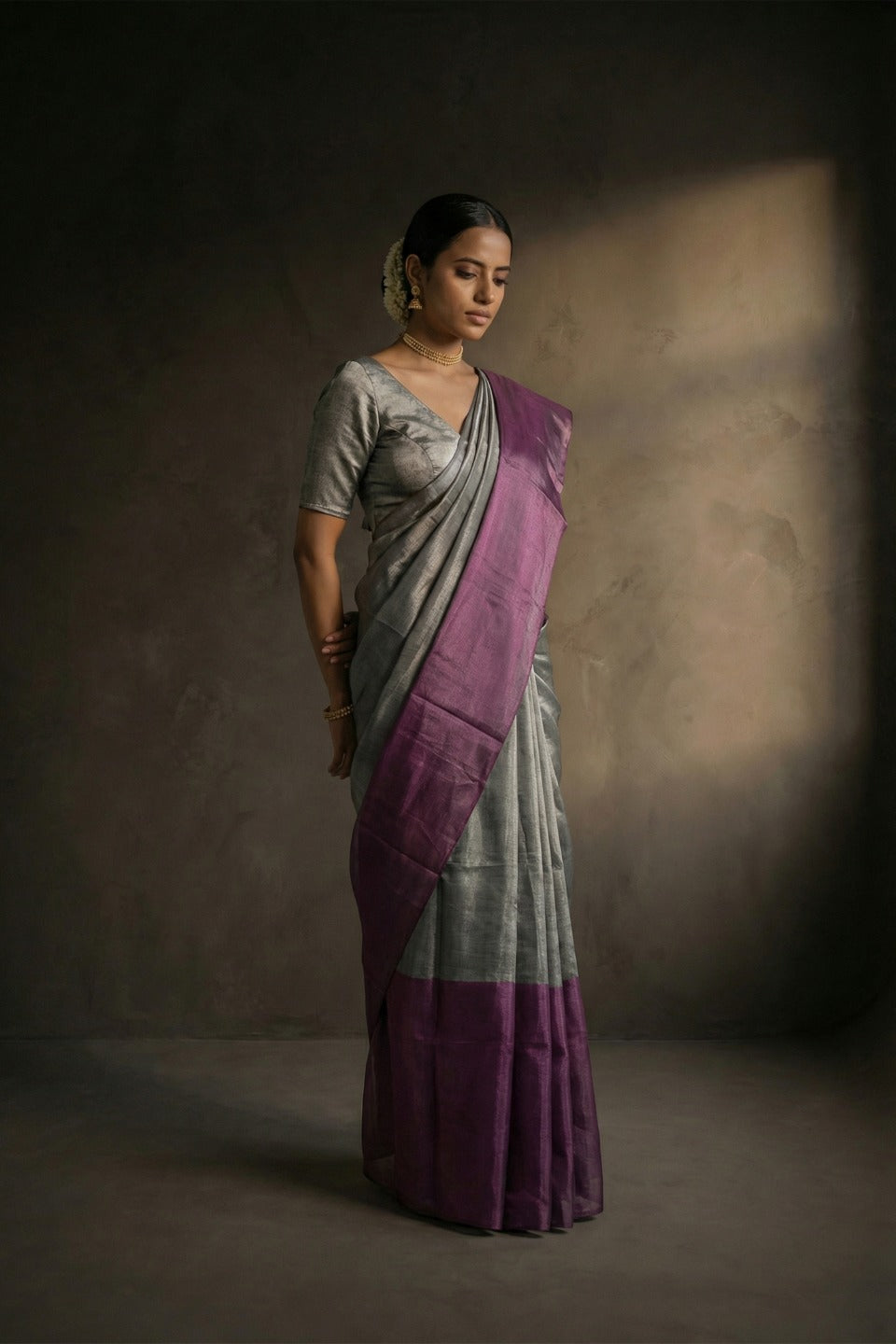Sukriti Silver And Purple Handwoven Tissue Saree