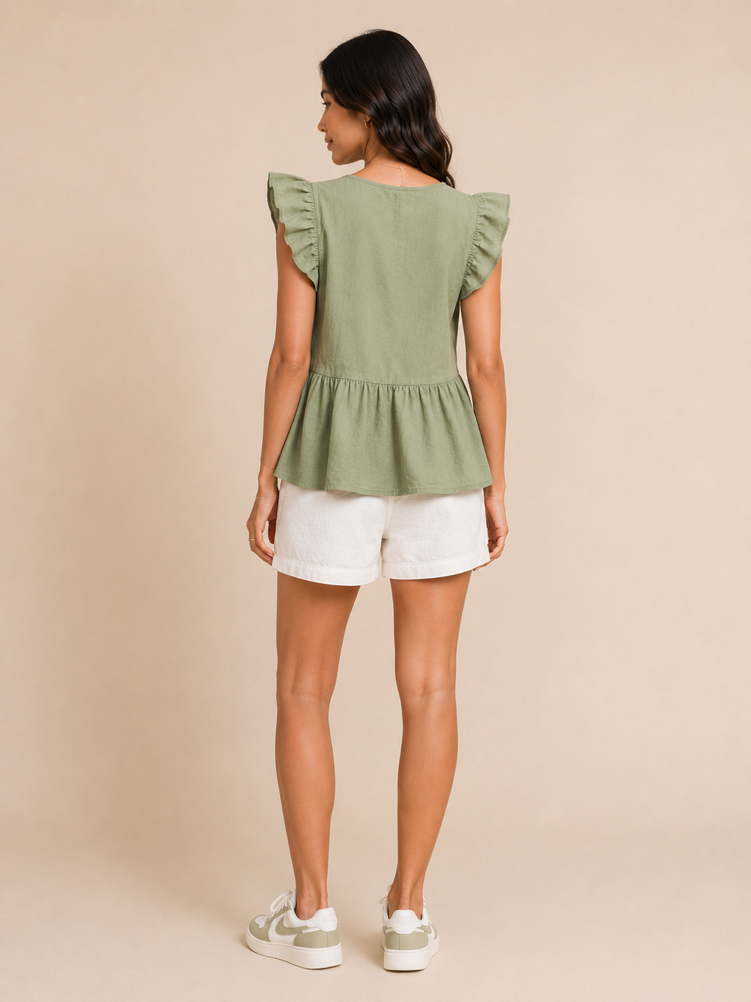 Women Olive Tie-Neck Peplum Top