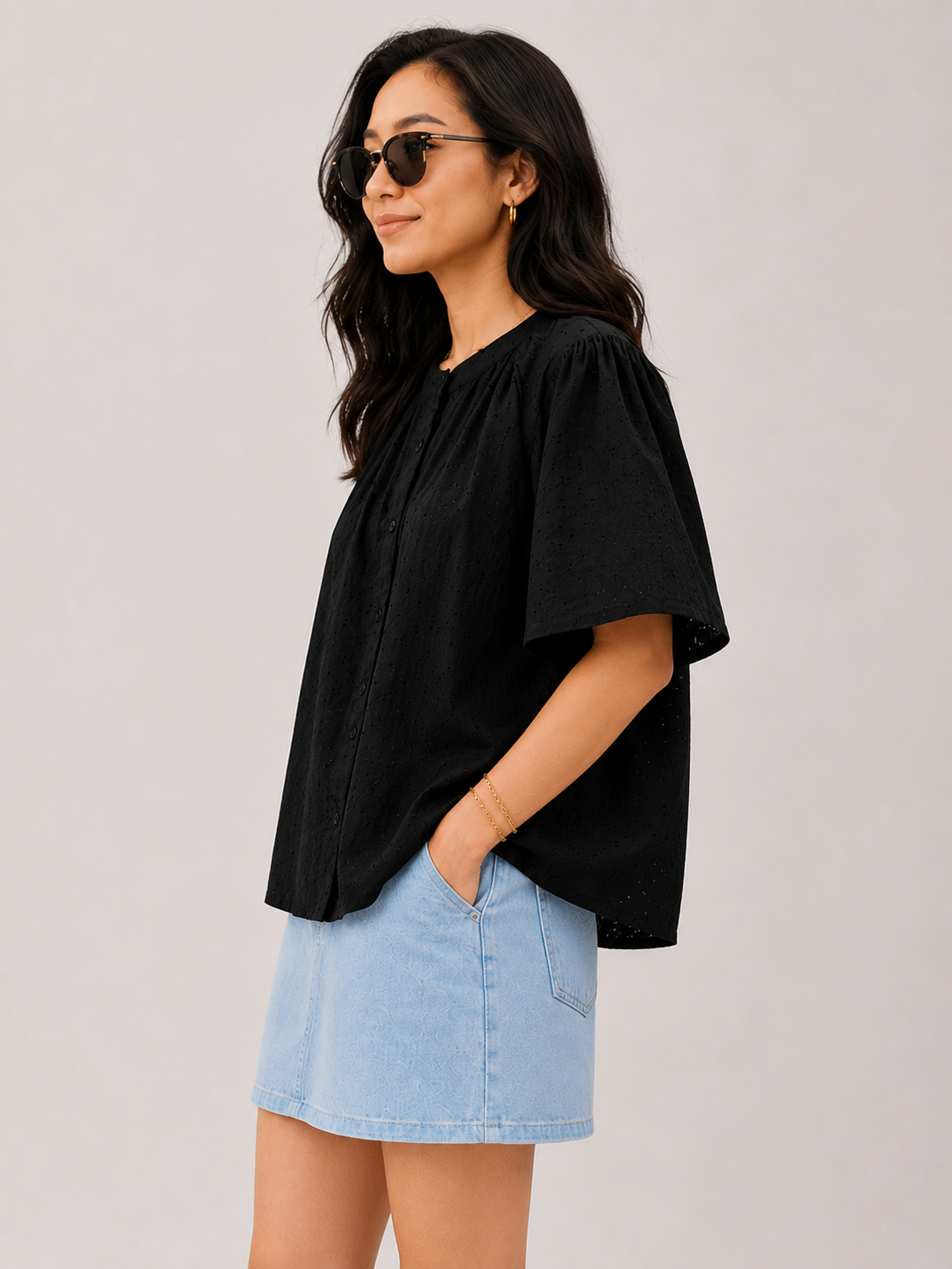 Women Black Broderie Flutter Sleeve Top