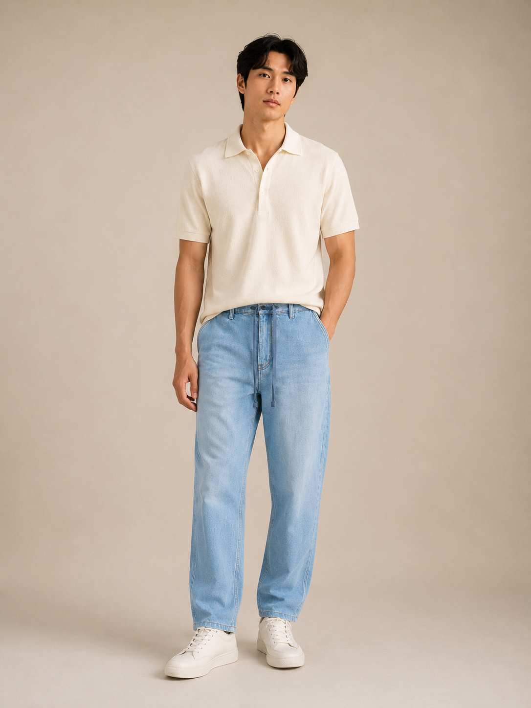 Men Light Blue Drawstring Denim Jeans