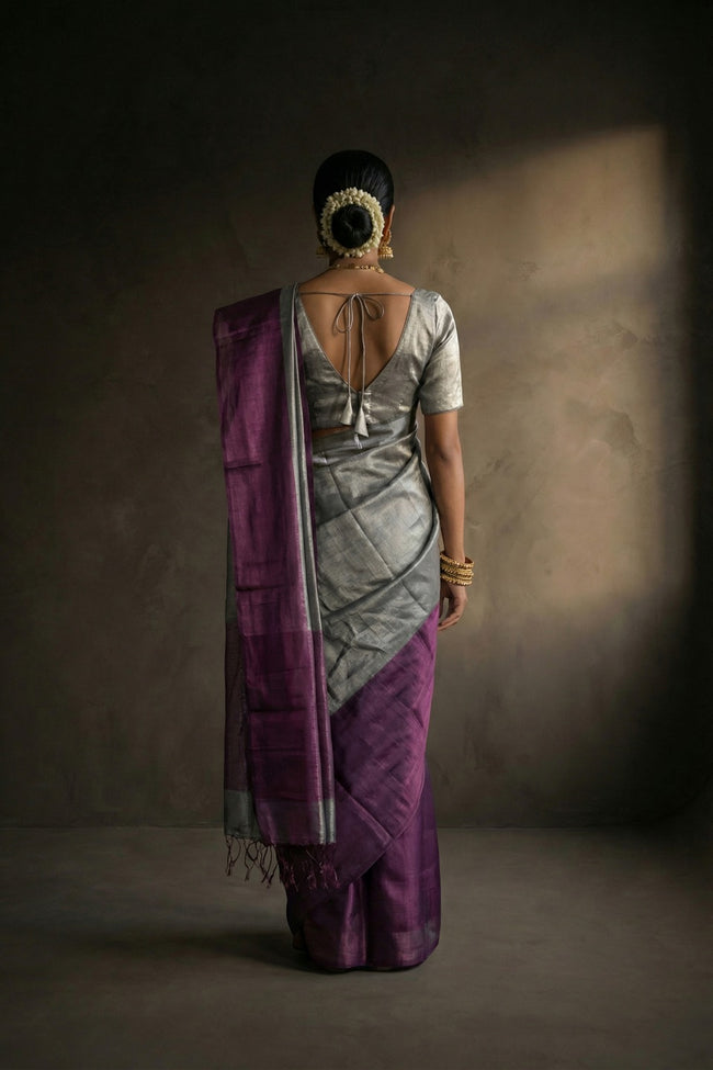 Sukriti Silver And Purple Handwoven Tissue Saree