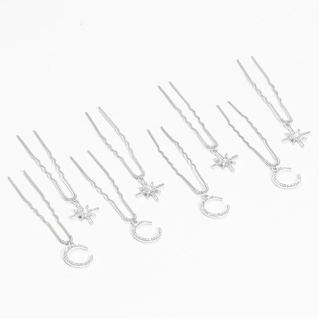 Celestia Silver Star & Moon Hair Pins - Set of 8