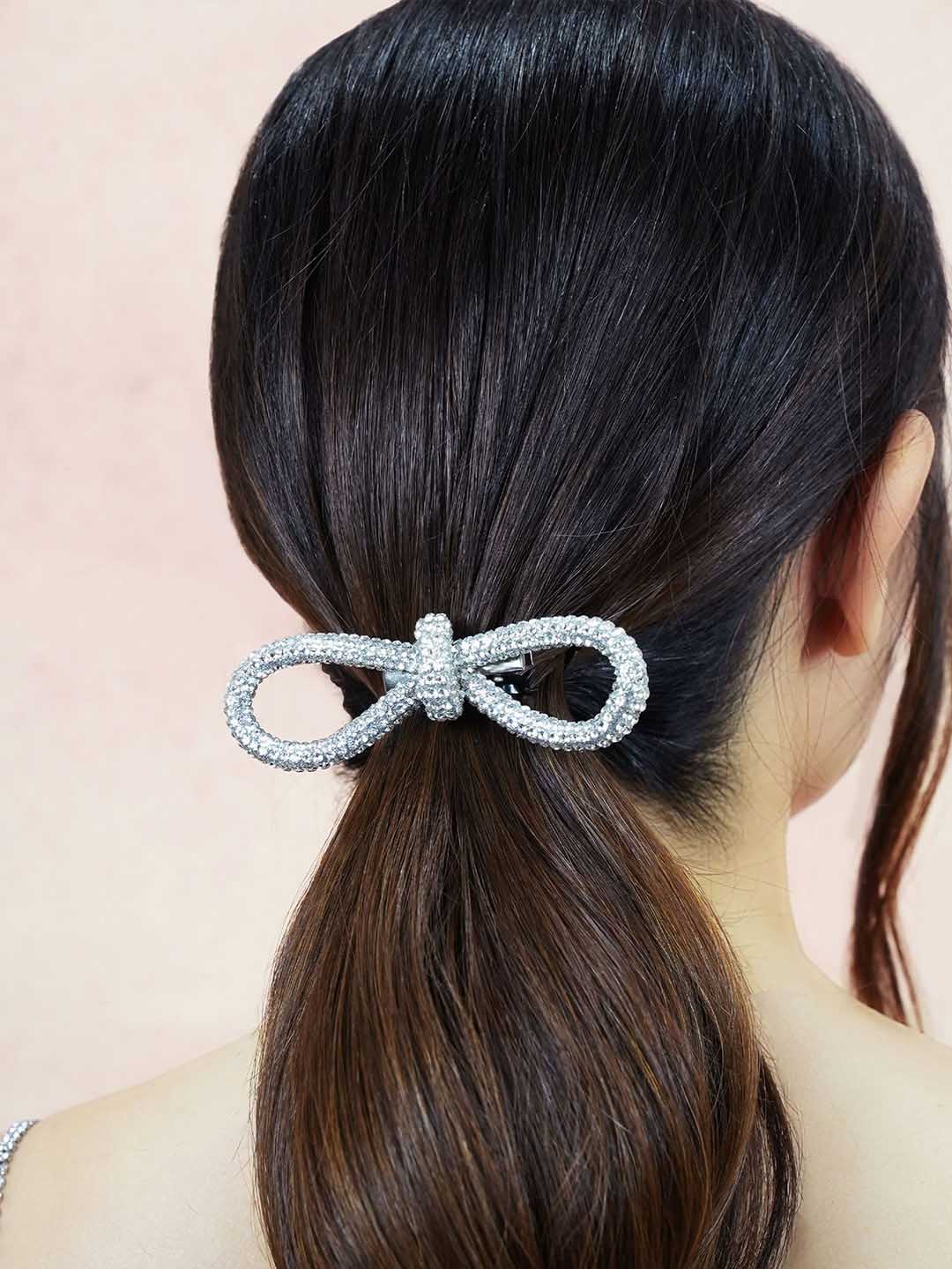 Women Silver Crystal Hair Bow Alligator Clip