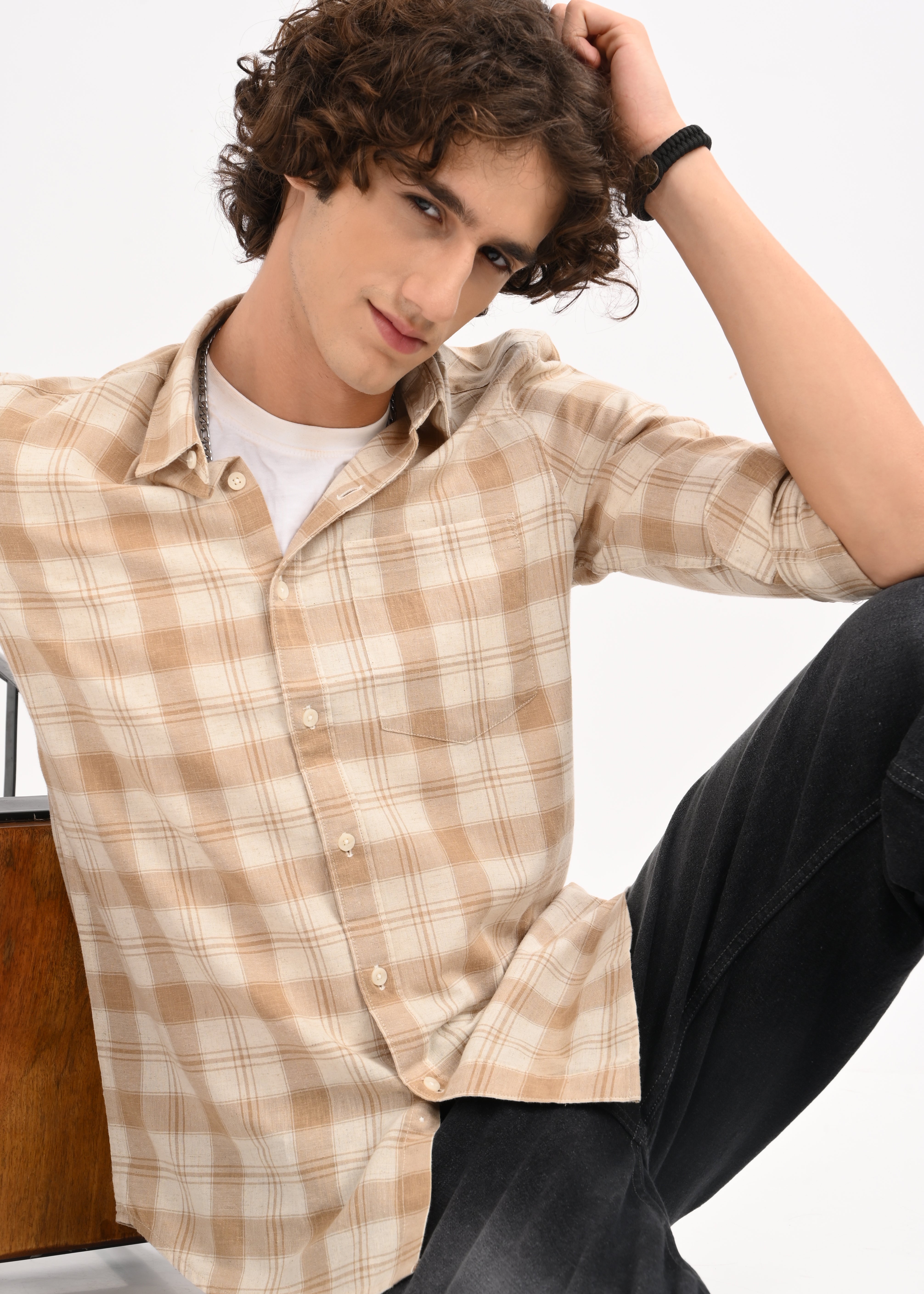 Men Beige Check Shirt