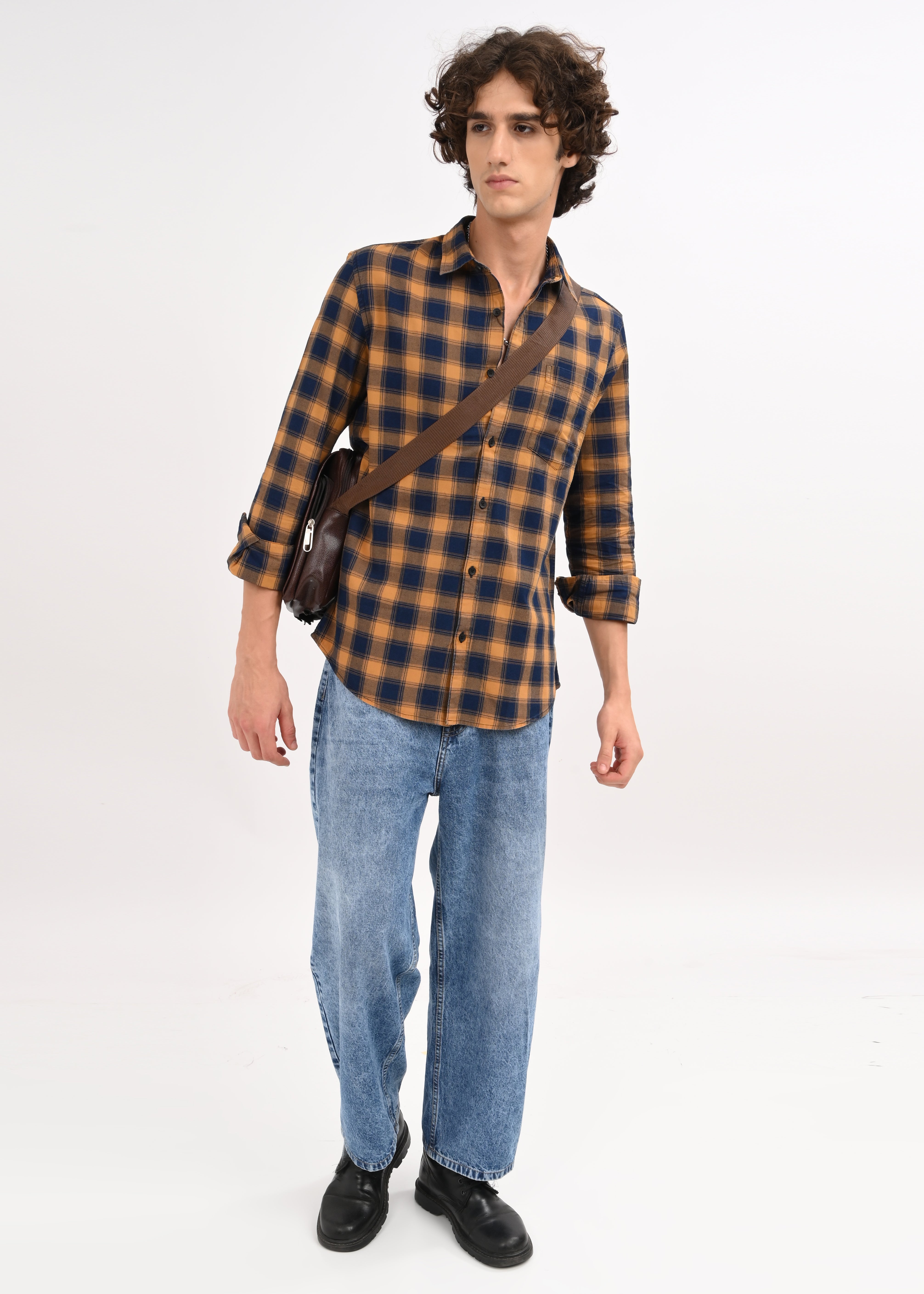 Men Mustard Checked Shirt