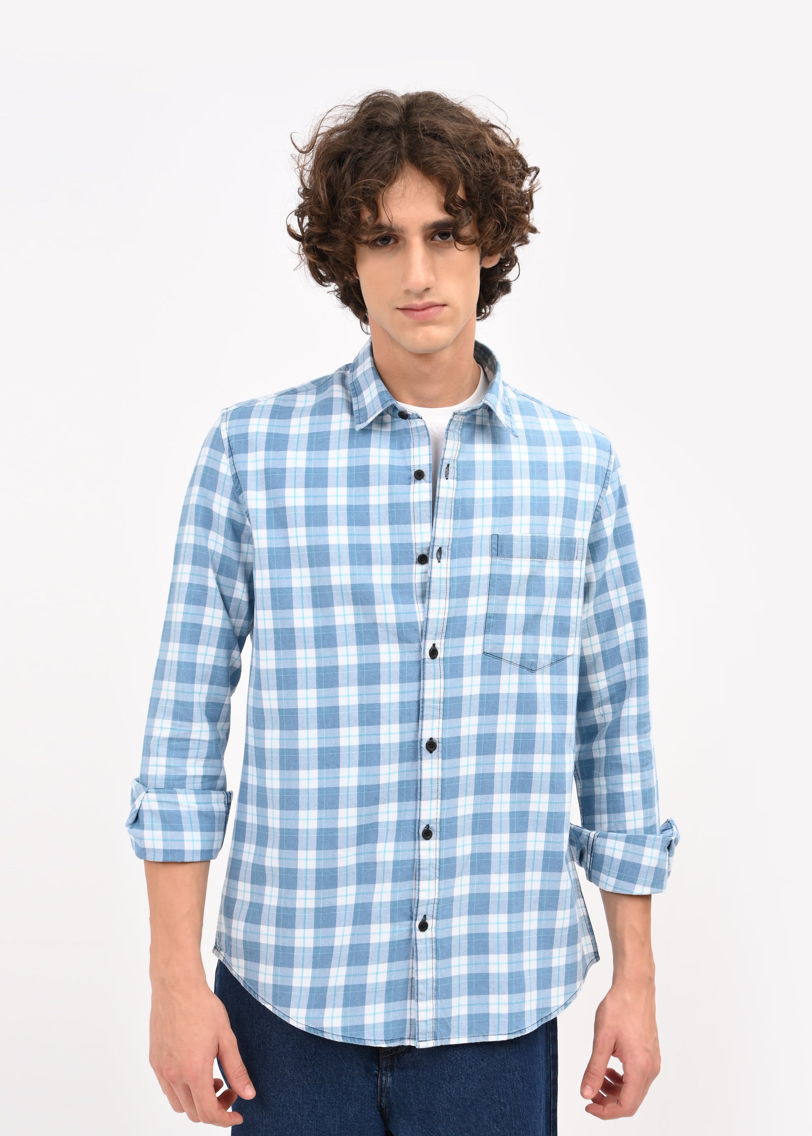 Men Blue Checked Shirt