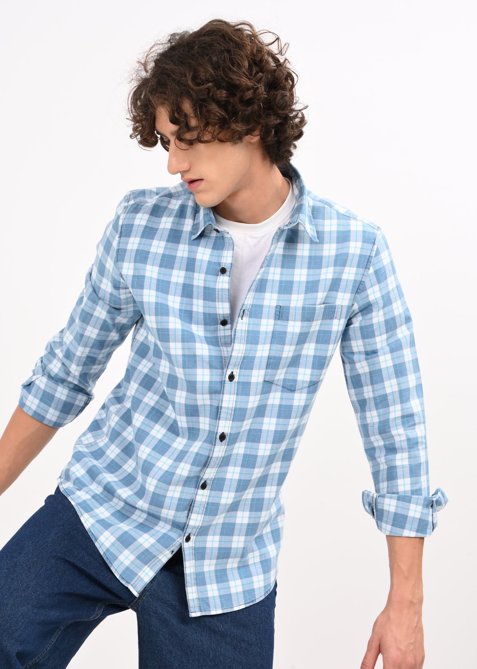 Men Blue Checked Shirt