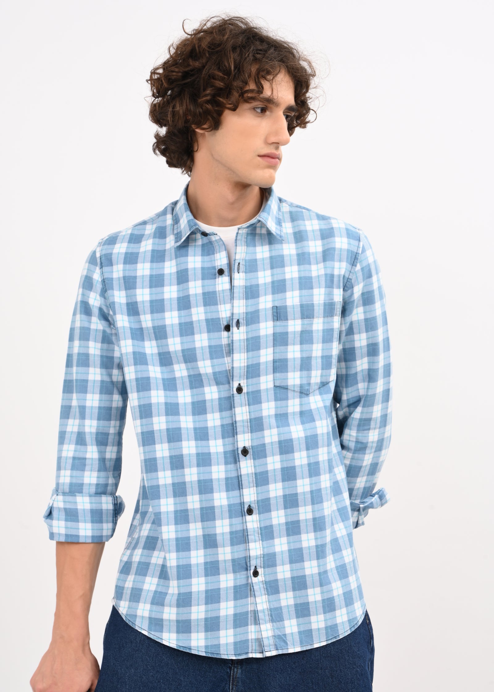 Men Blue Checked Shirt