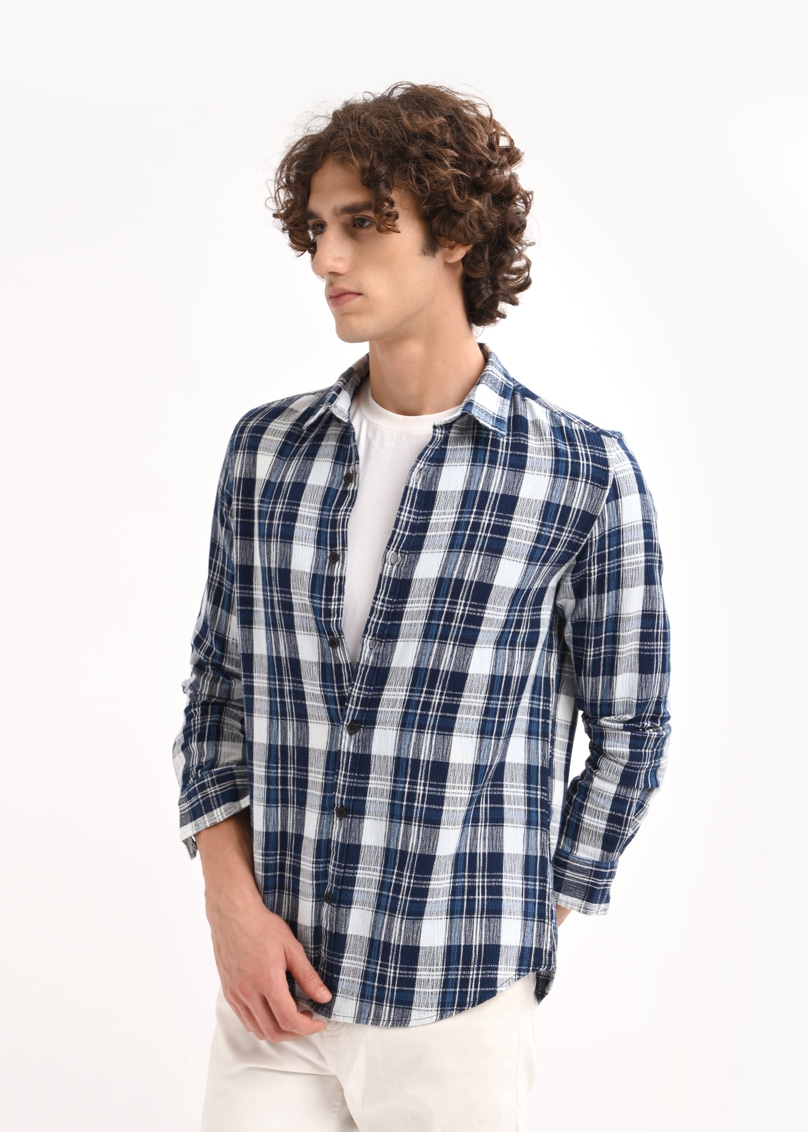 Men Navy Blue Checked Shirt