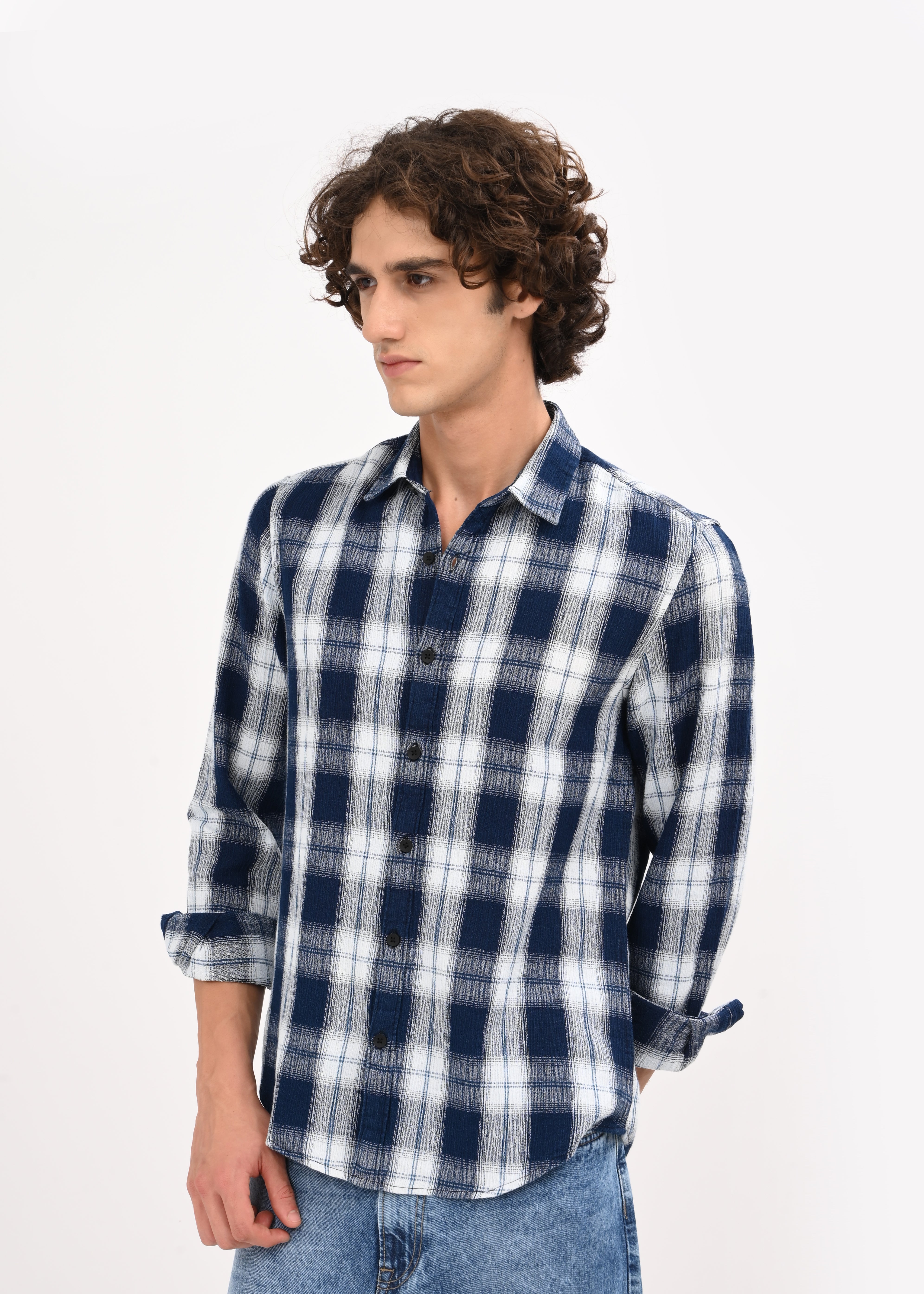 Men Navy Blue Checked Shirt