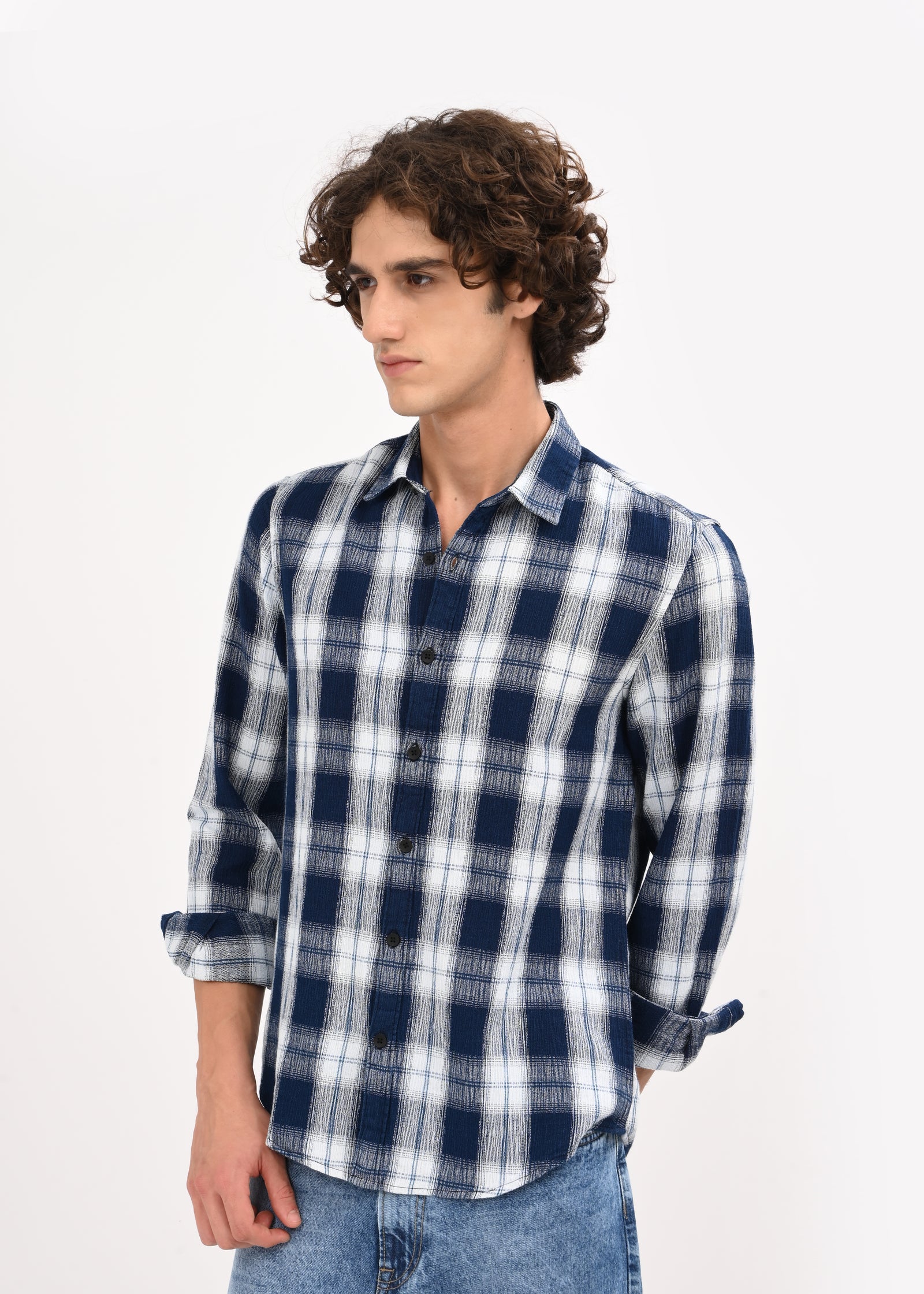 Men Navy Blue Checked Shirt