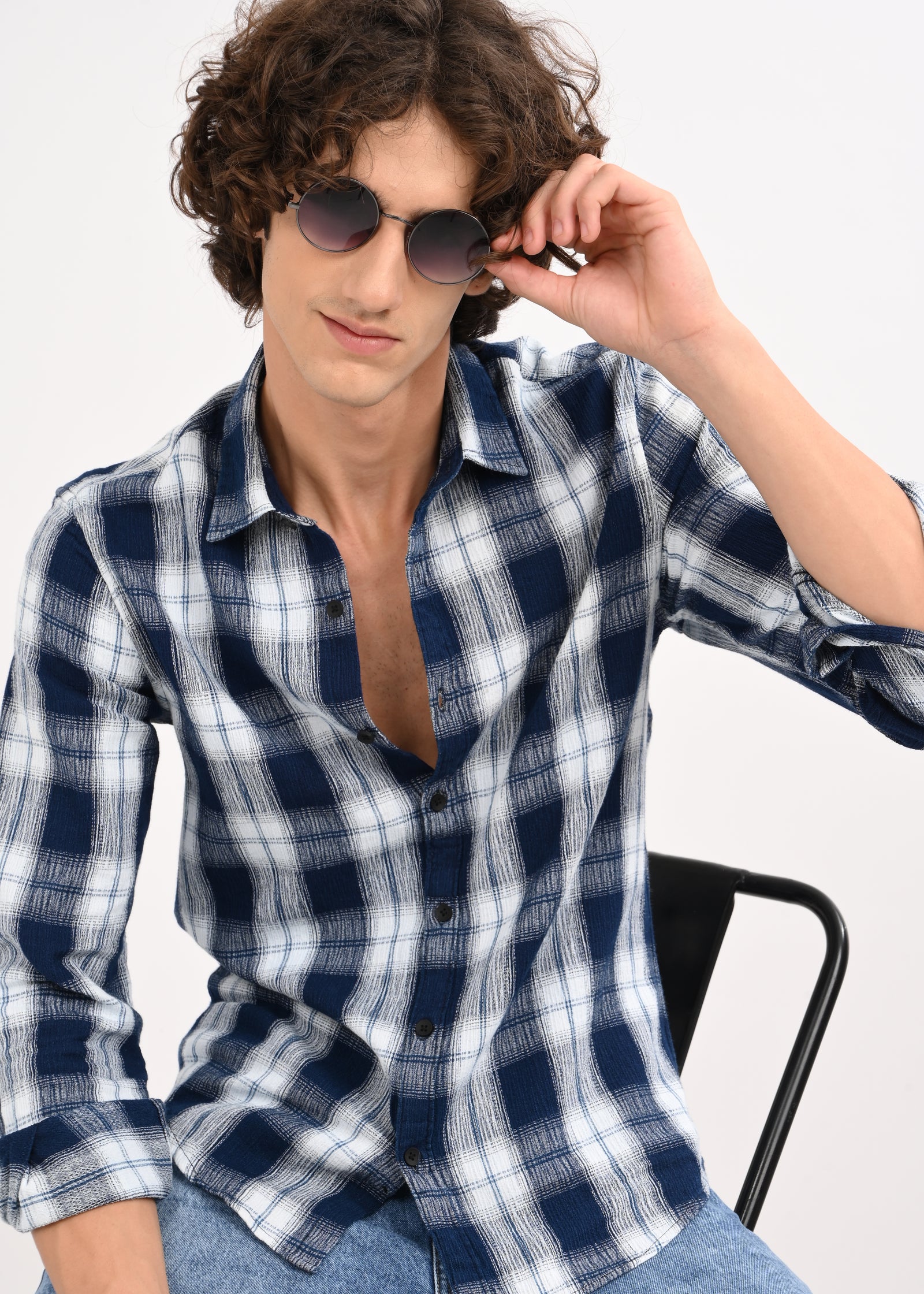 Men Navy Blue Checked Shirt