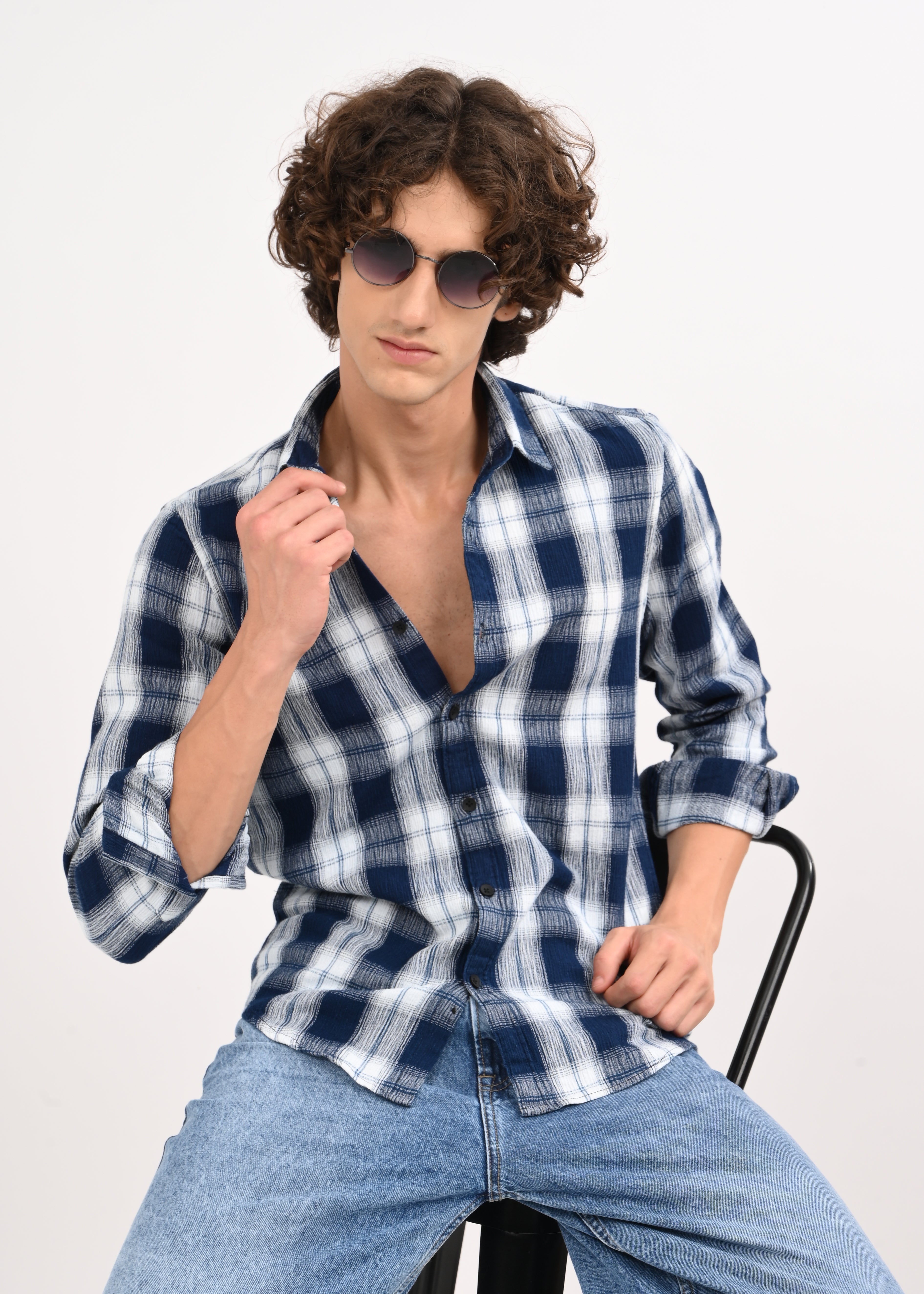 Men Navy Blue Checked Shirt