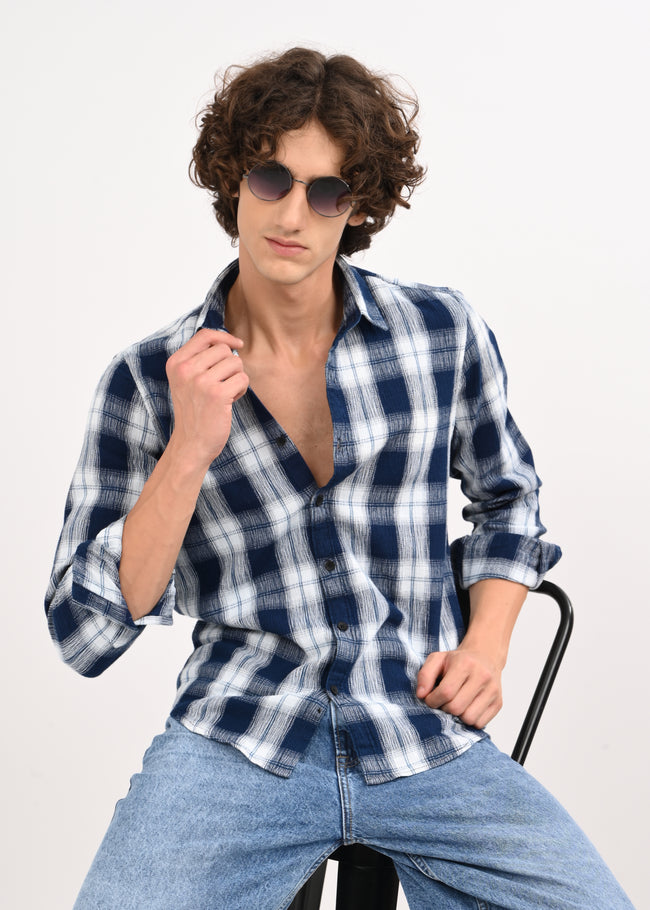 Men Navy Checked Shirt