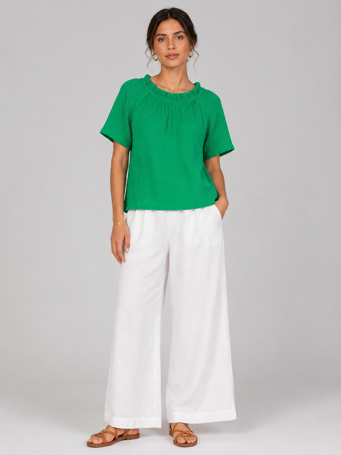 Women Green Gathered Neck Top