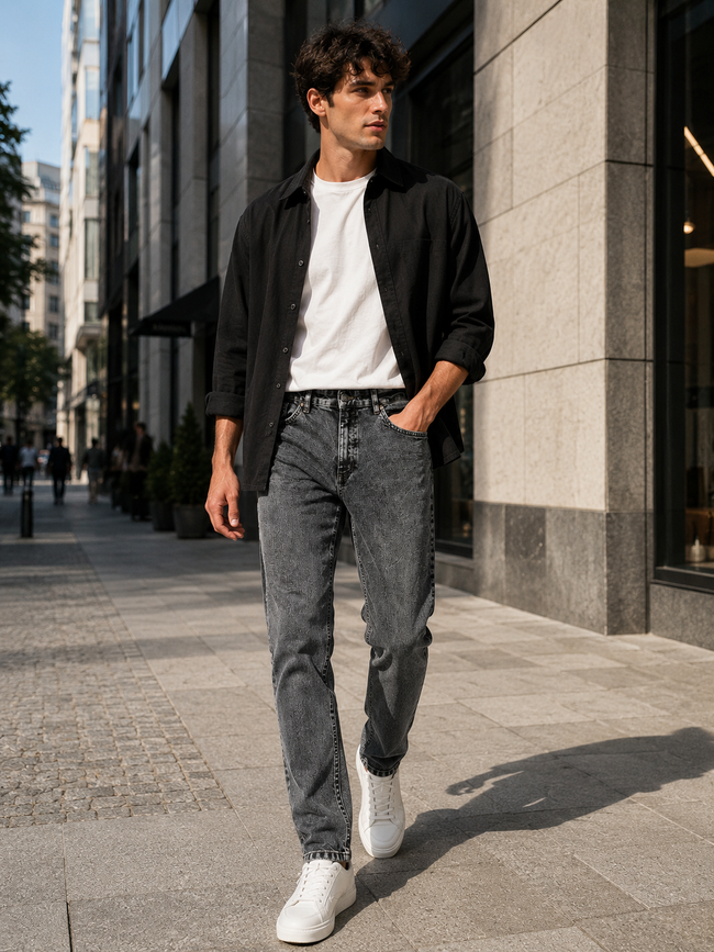 Men Washed Grey Straight Fit Jeans