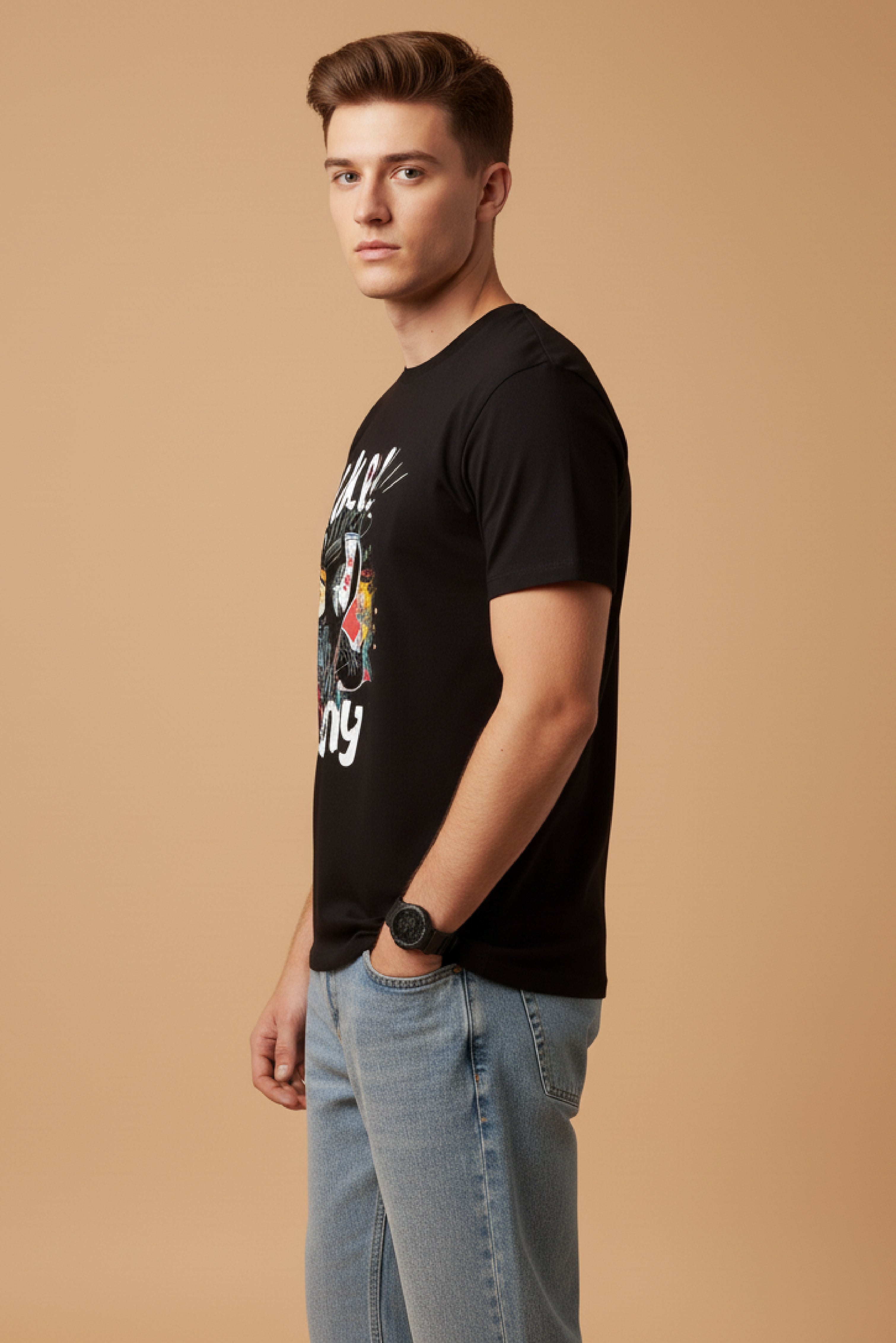 Men Printed Black Cotton Tshirt