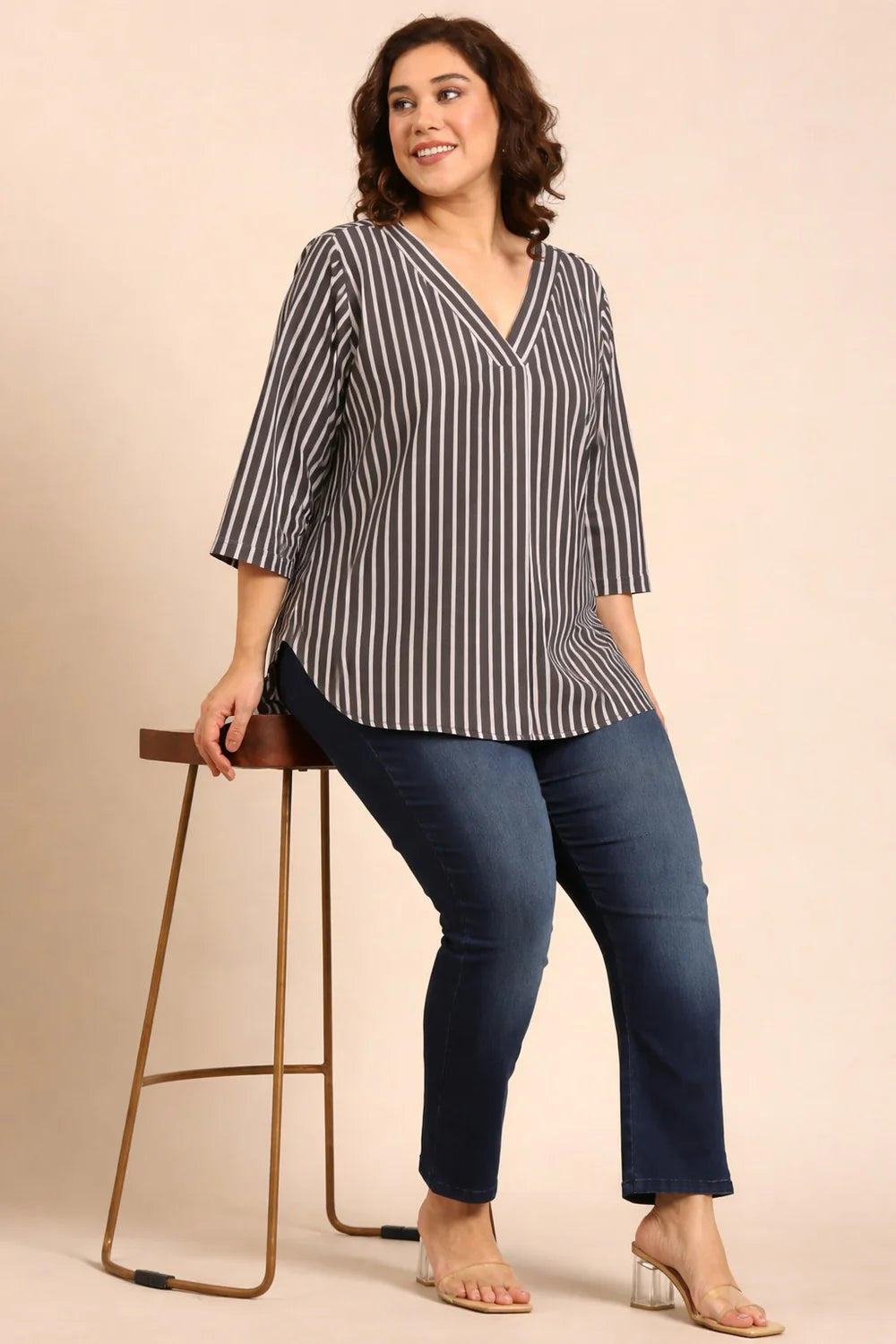 Women Olive Striped V-Neck Top