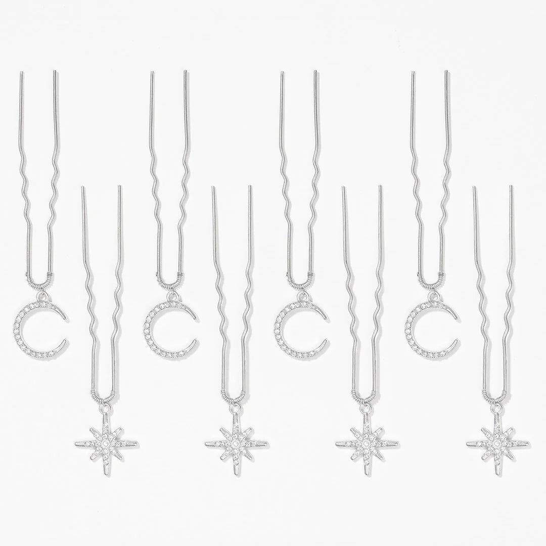 Celestia Silver Star & Moon Hair Pins - Set of 8