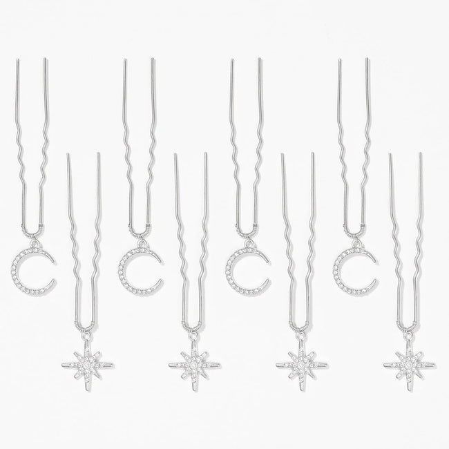 Celestia Silver Star & Moon Hair Pins - Set of 8